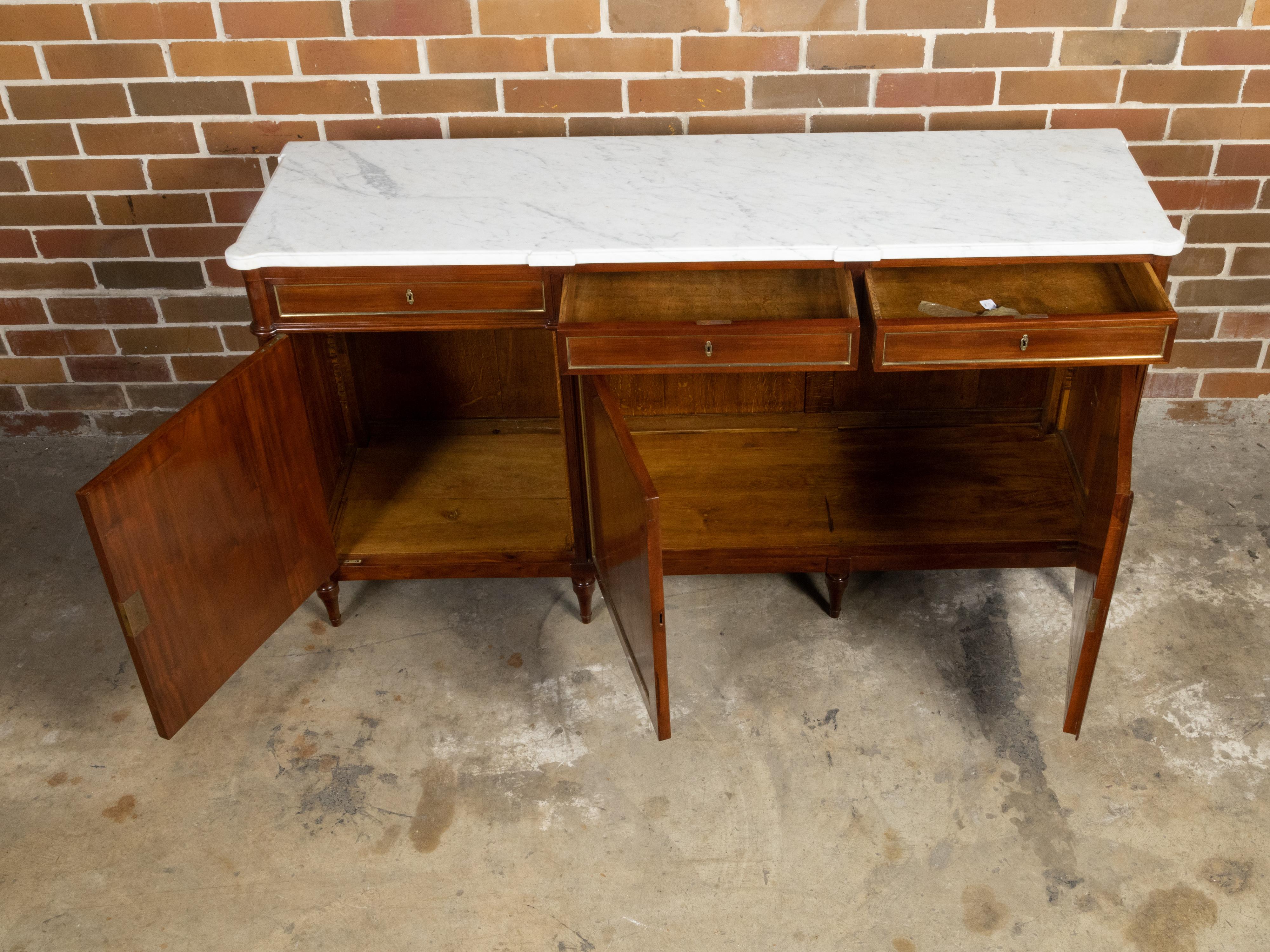 Turned French 19th Century Walnut Sideboard with White Marble Top and Brass Accents For Sale