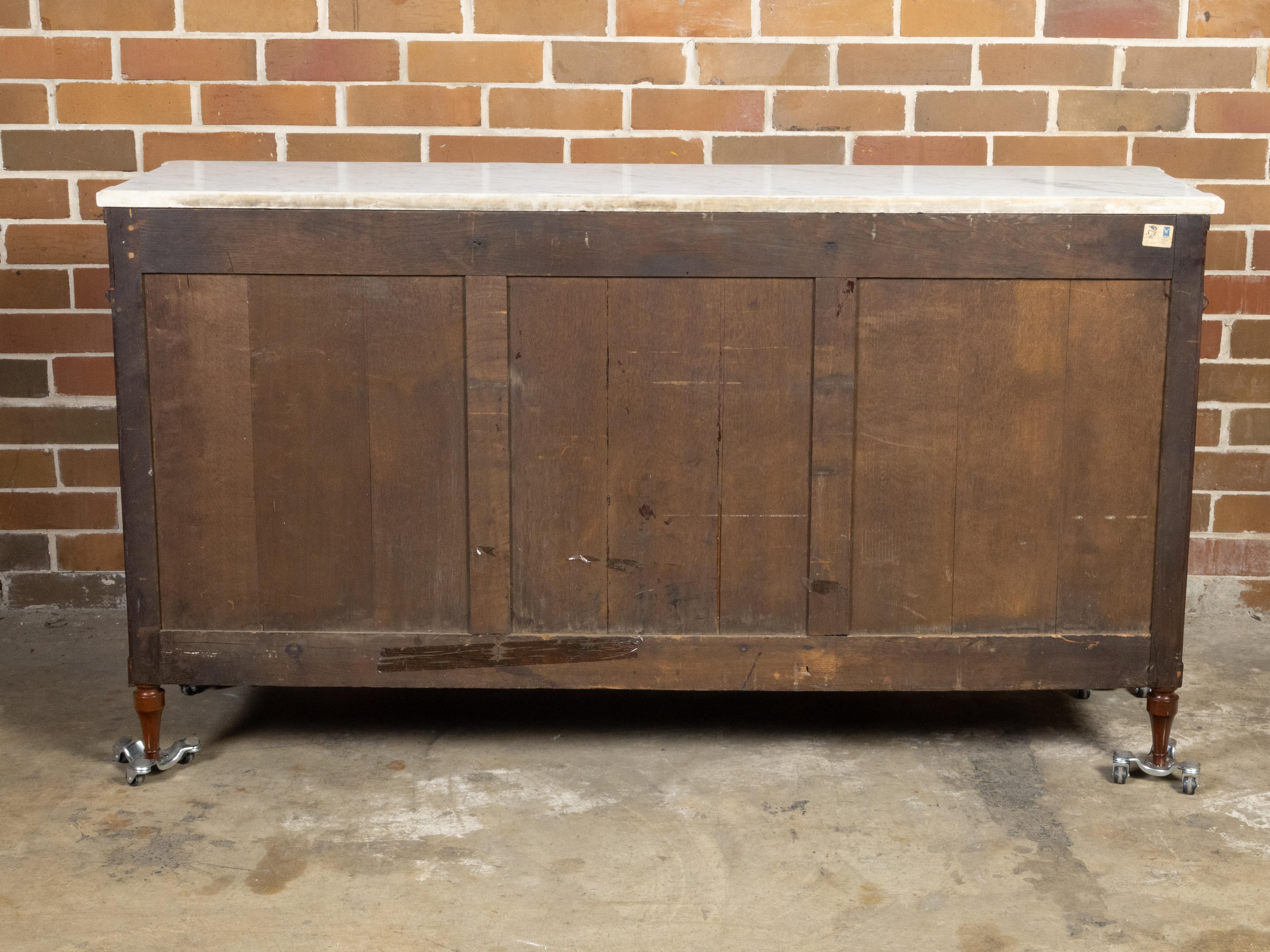 French 19th Century Walnut Sideboard with White Marble Top and Brass Accents For Sale 2