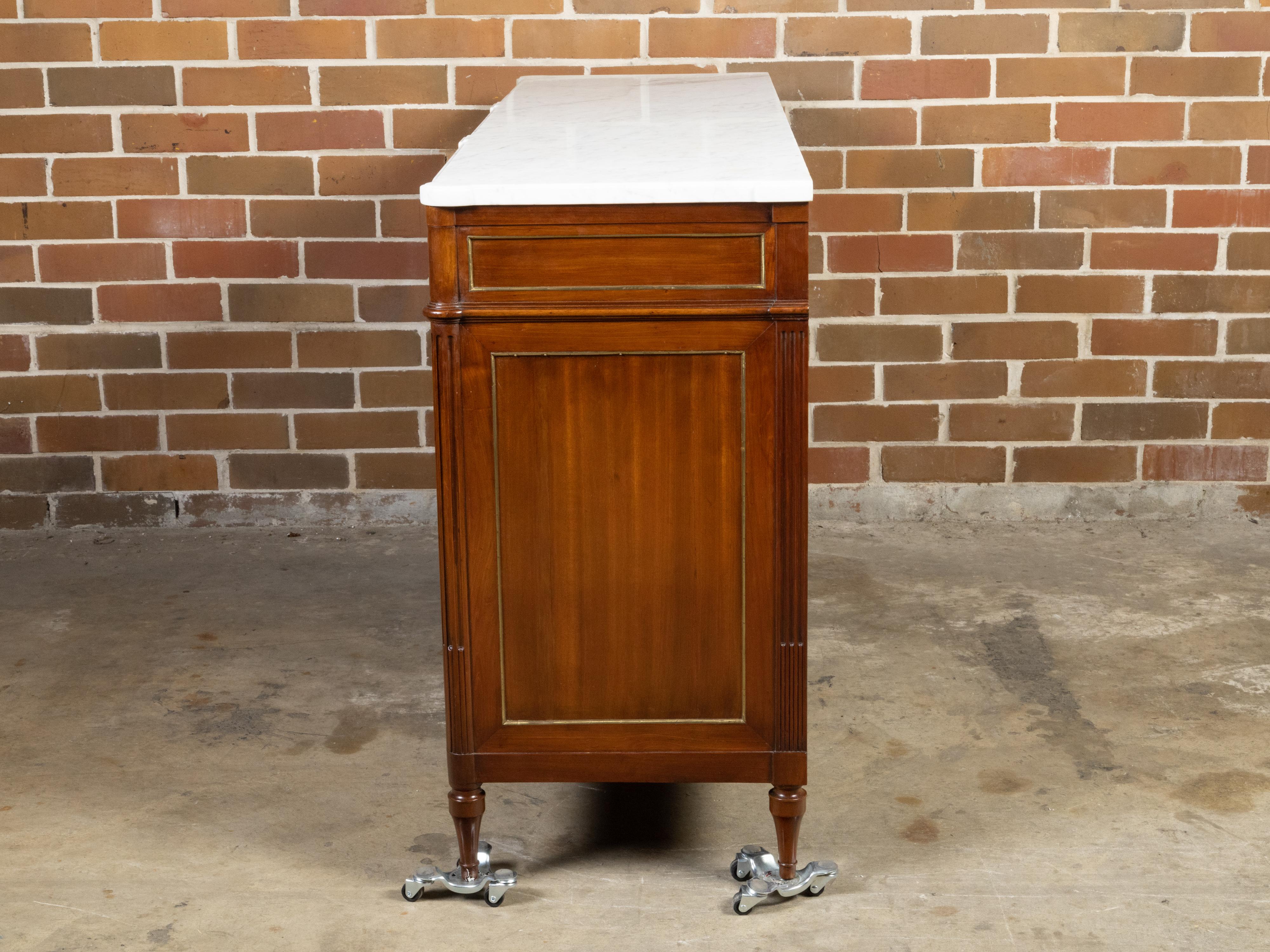 French 19th Century Walnut Sideboard with White Marble Top and Brass Accents For Sale 3