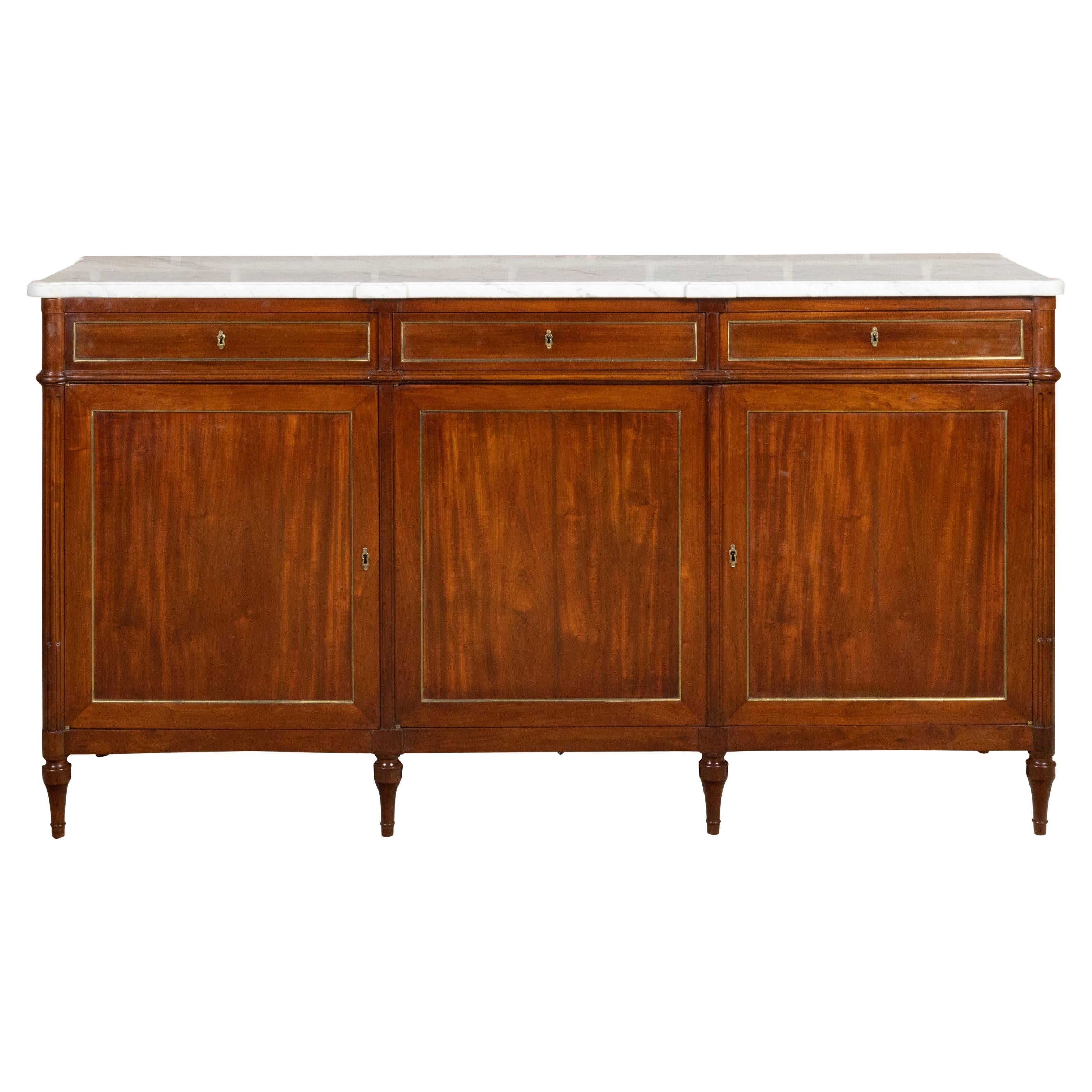 French 19th Century Walnut Sideboard with White Marble Top and Brass Accents For Sale