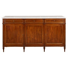 Used French 19th Century Walnut Sideboard with White Marble Top and Brass Accents