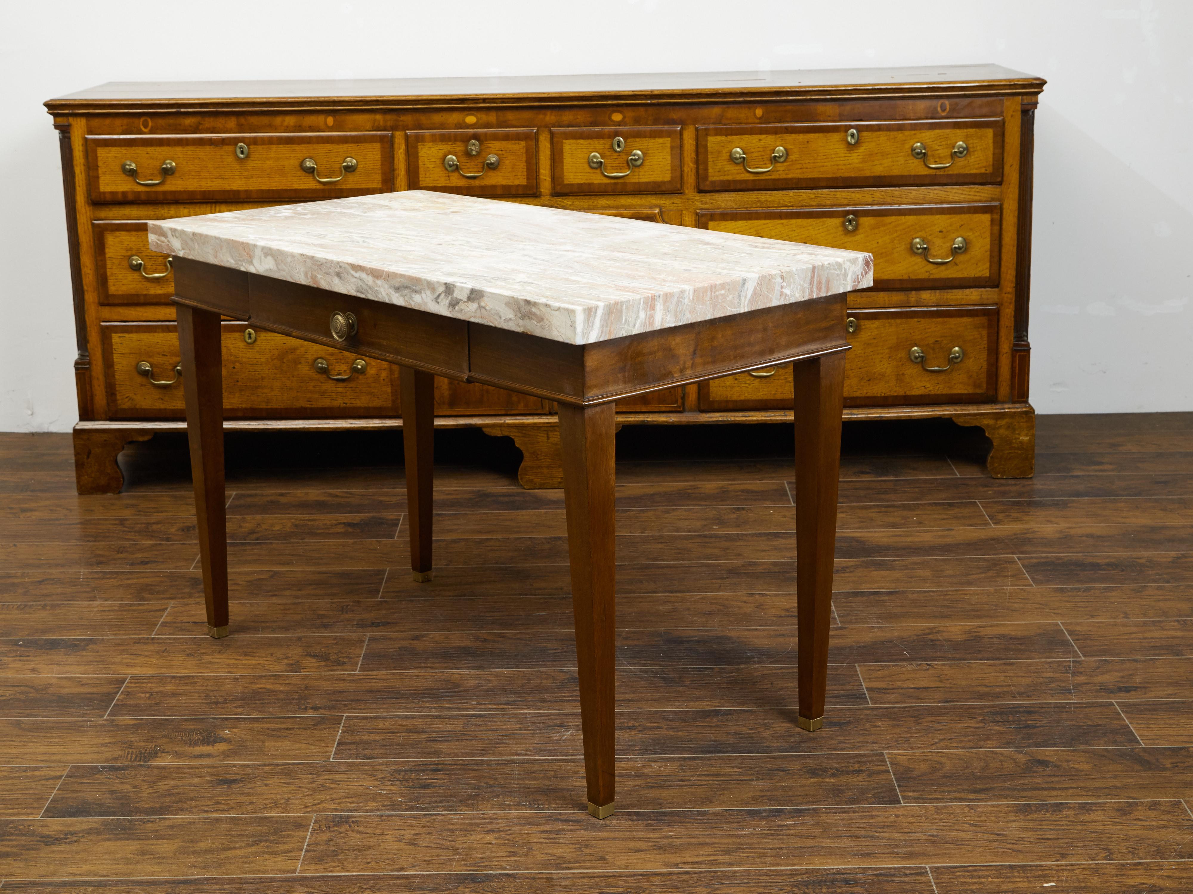 French 19th Century Walnut Table with Marble Top, Single Drawer and Tapered Legs For Sale 7