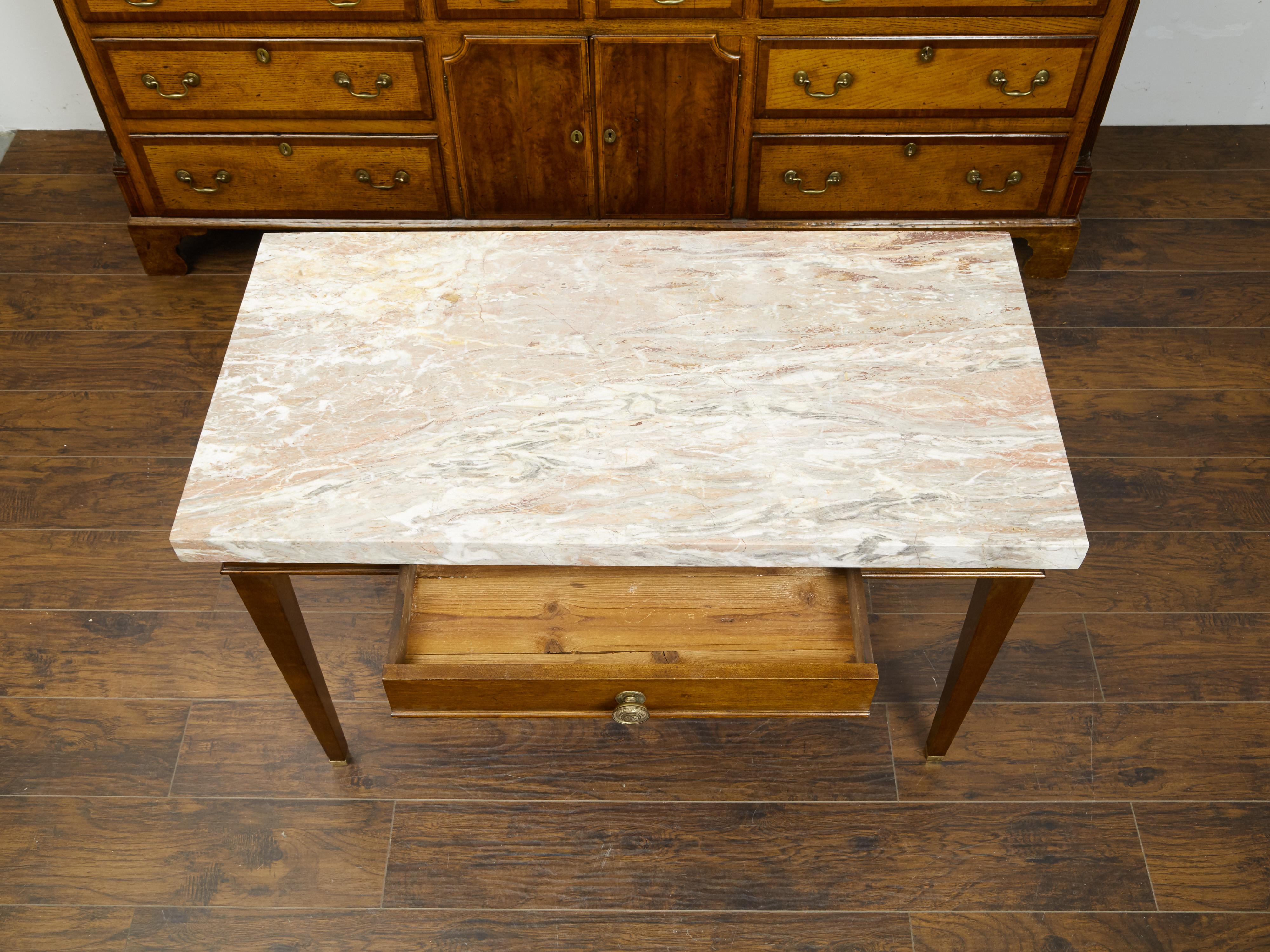 French 19th Century Walnut Table with Marble Top, Single Drawer and Tapered Legs For Sale 1