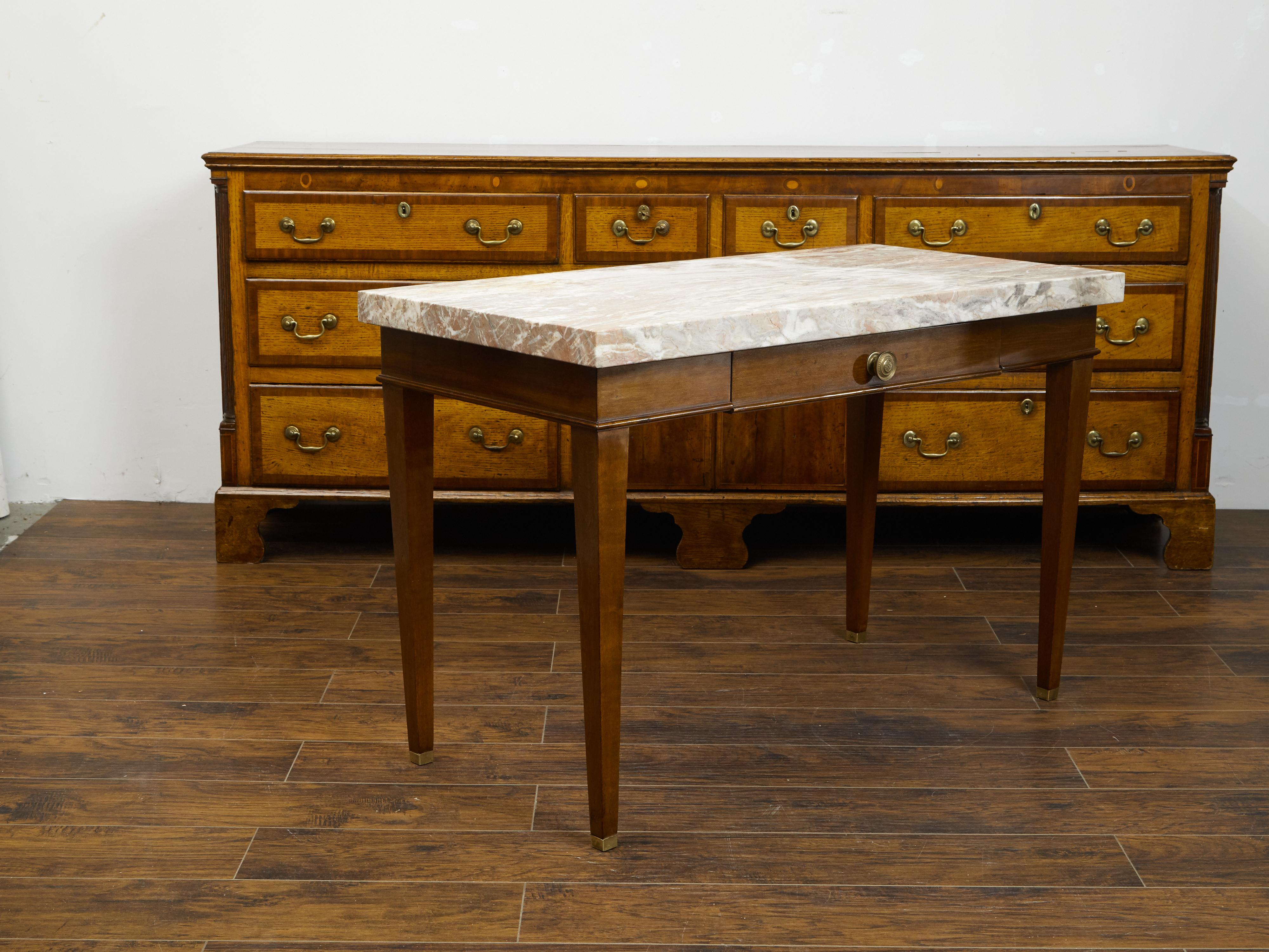 French 19th Century Walnut Table with Marble Top, Single Drawer and Tapered Legs For Sale 3