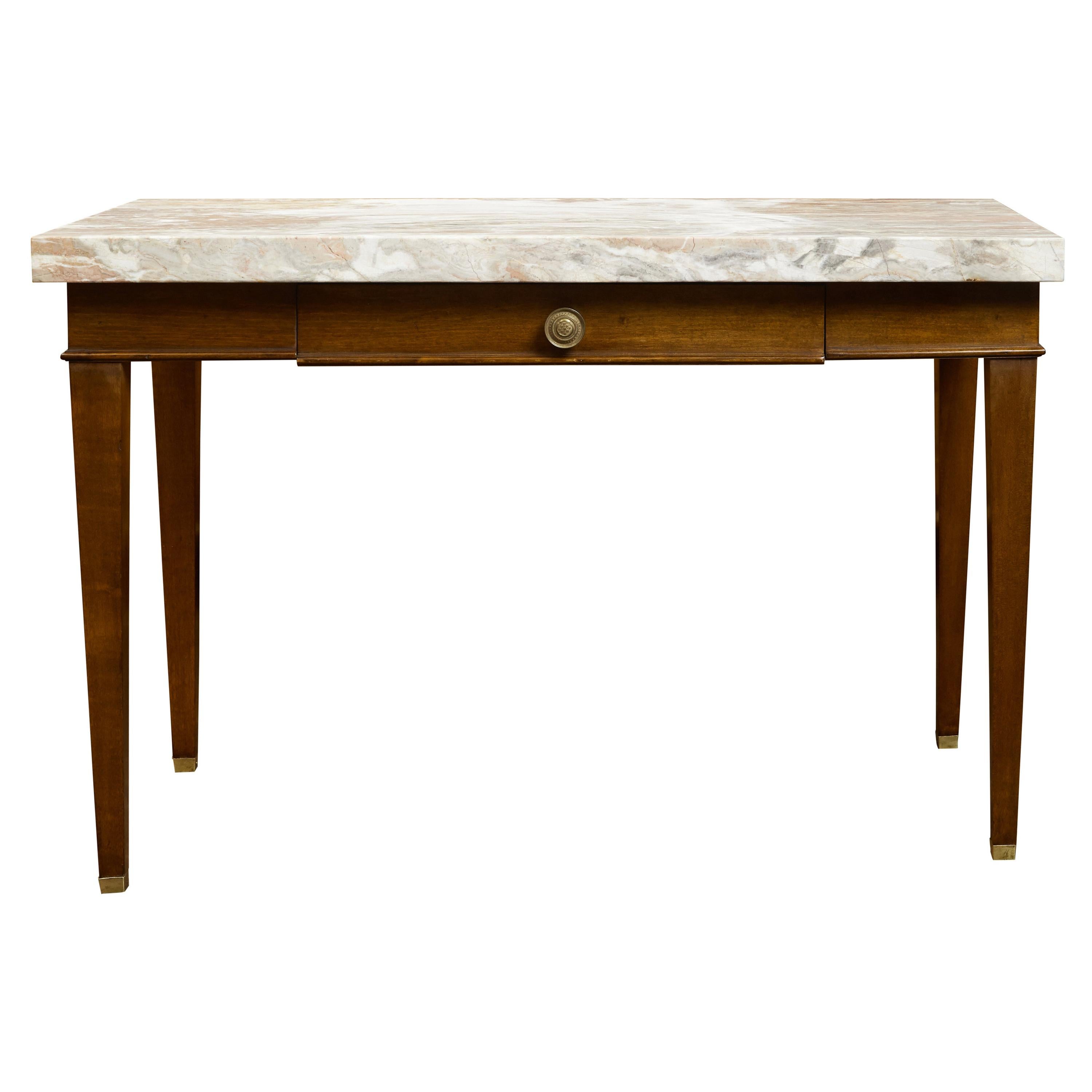 French 19th Century Walnut Table with Marble Top, Single Drawer and Tapered Legs