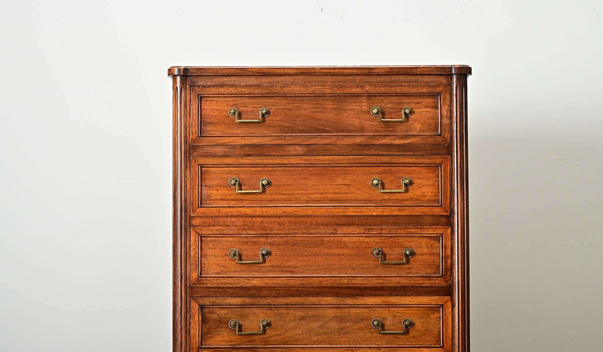 Louis XVI French 19th Century Walnut Tall Chest of Drawers For Sale