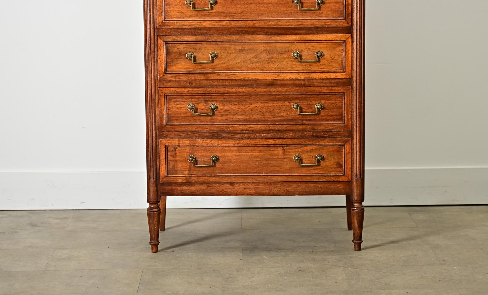 Carved French 19th Century Walnut Tall Chest of Drawers For Sale