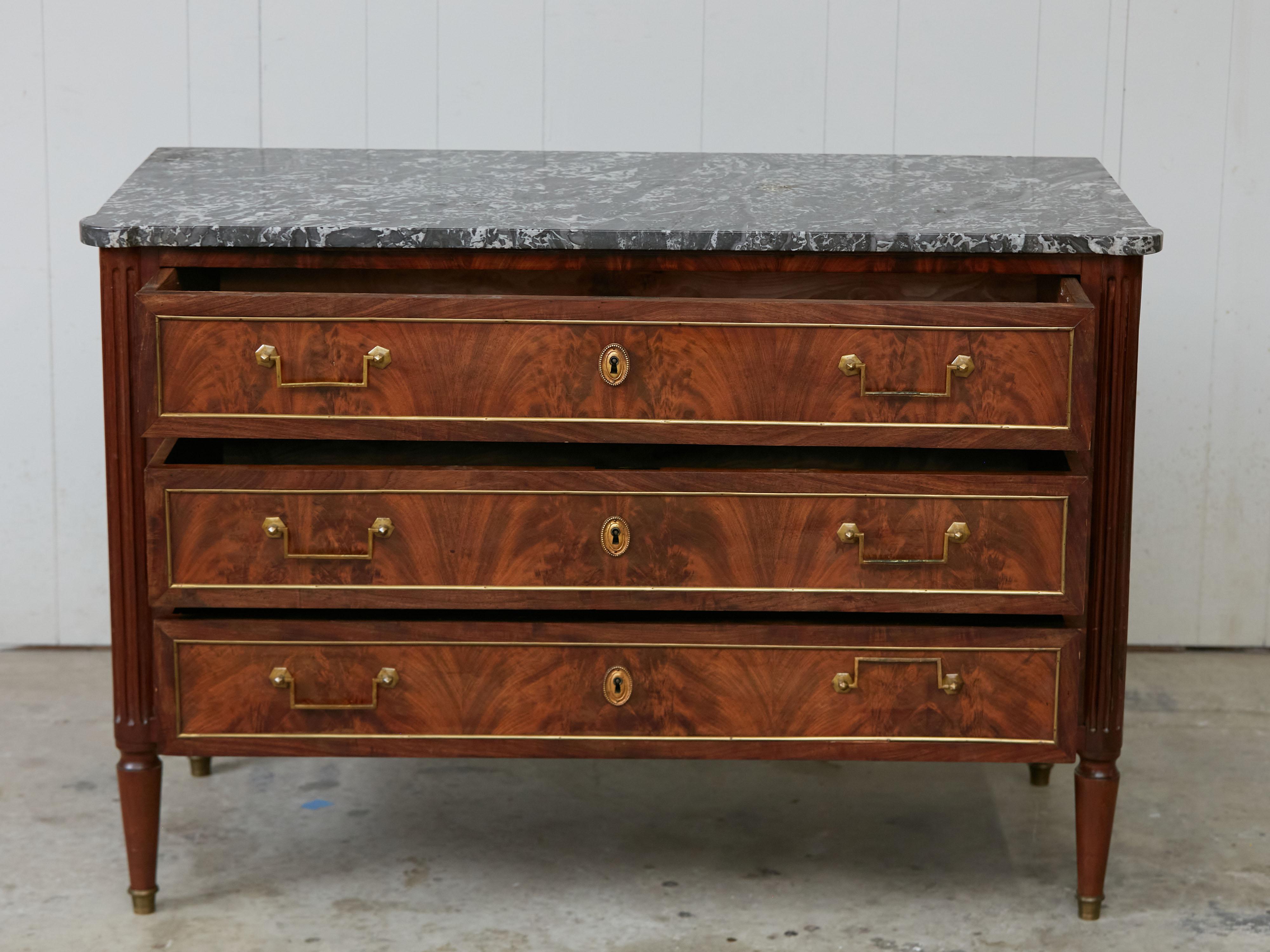 Brass French 19th Century Walnut Three-Drawer Commode with Grey Marble Top For Sale