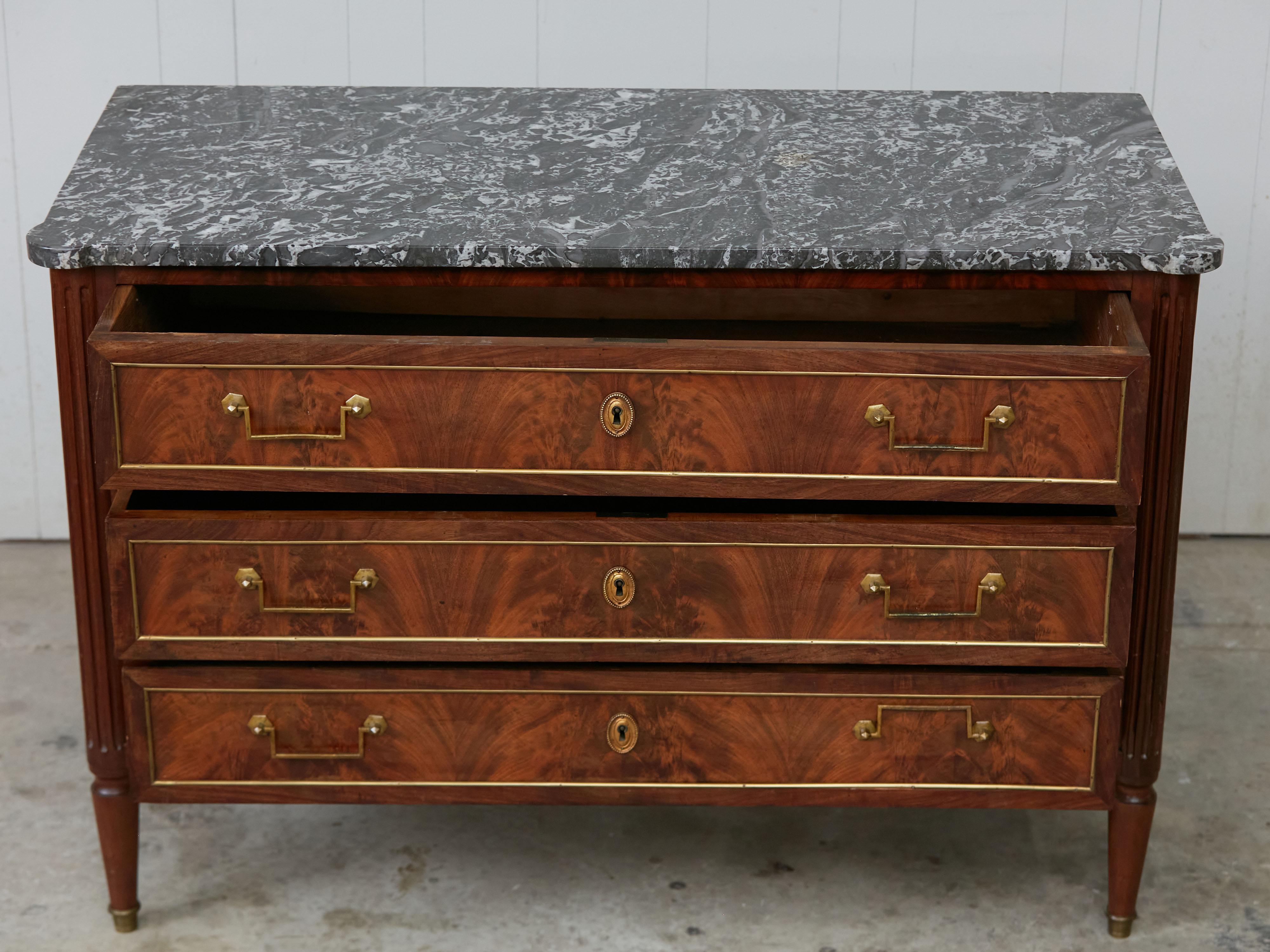 French 19th Century Walnut Three-Drawer Commode with Grey Marble Top For Sale 1