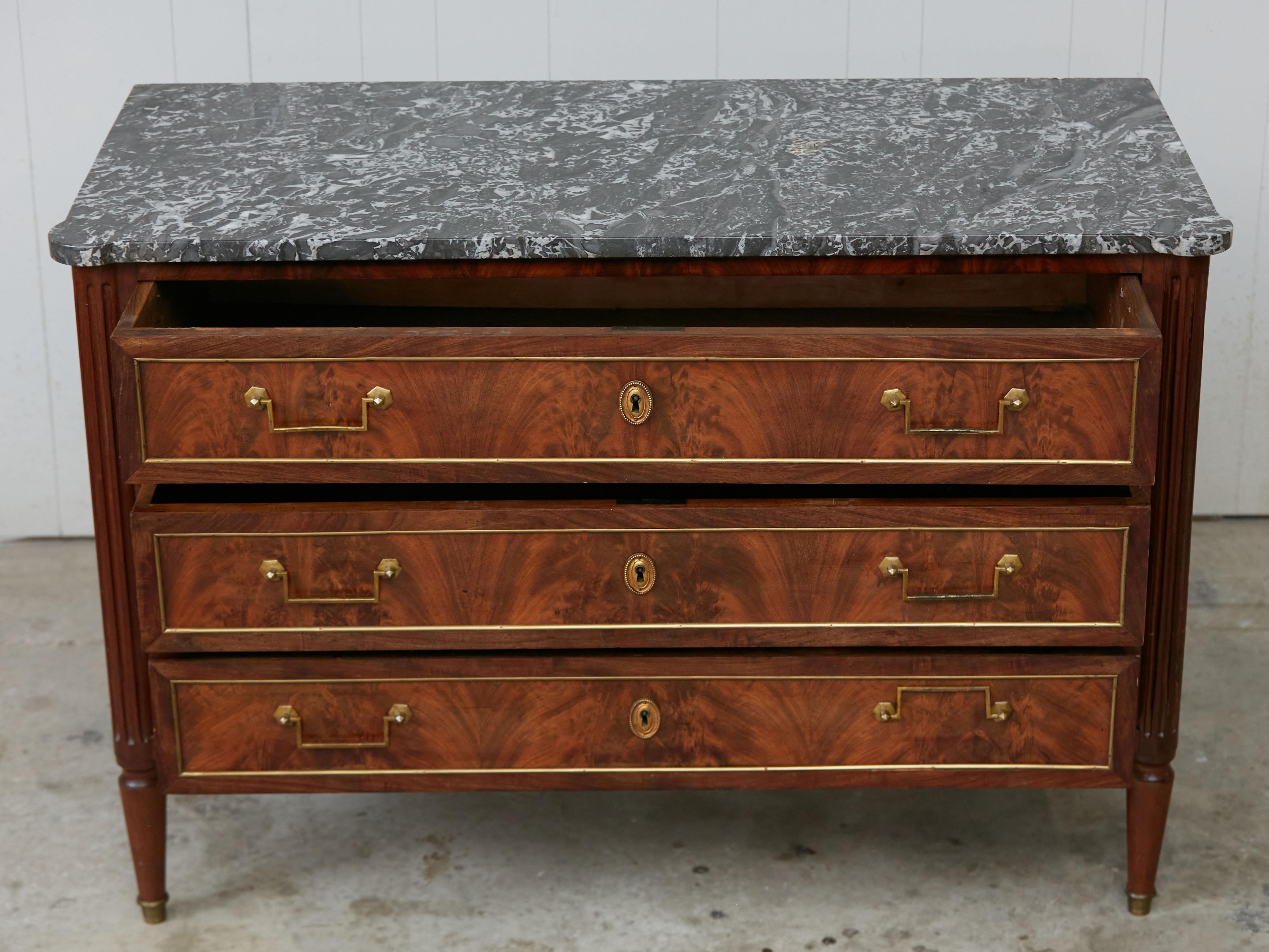 French 19th Century Walnut Three-Drawer Commode with Grey Marble Top For Sale 2