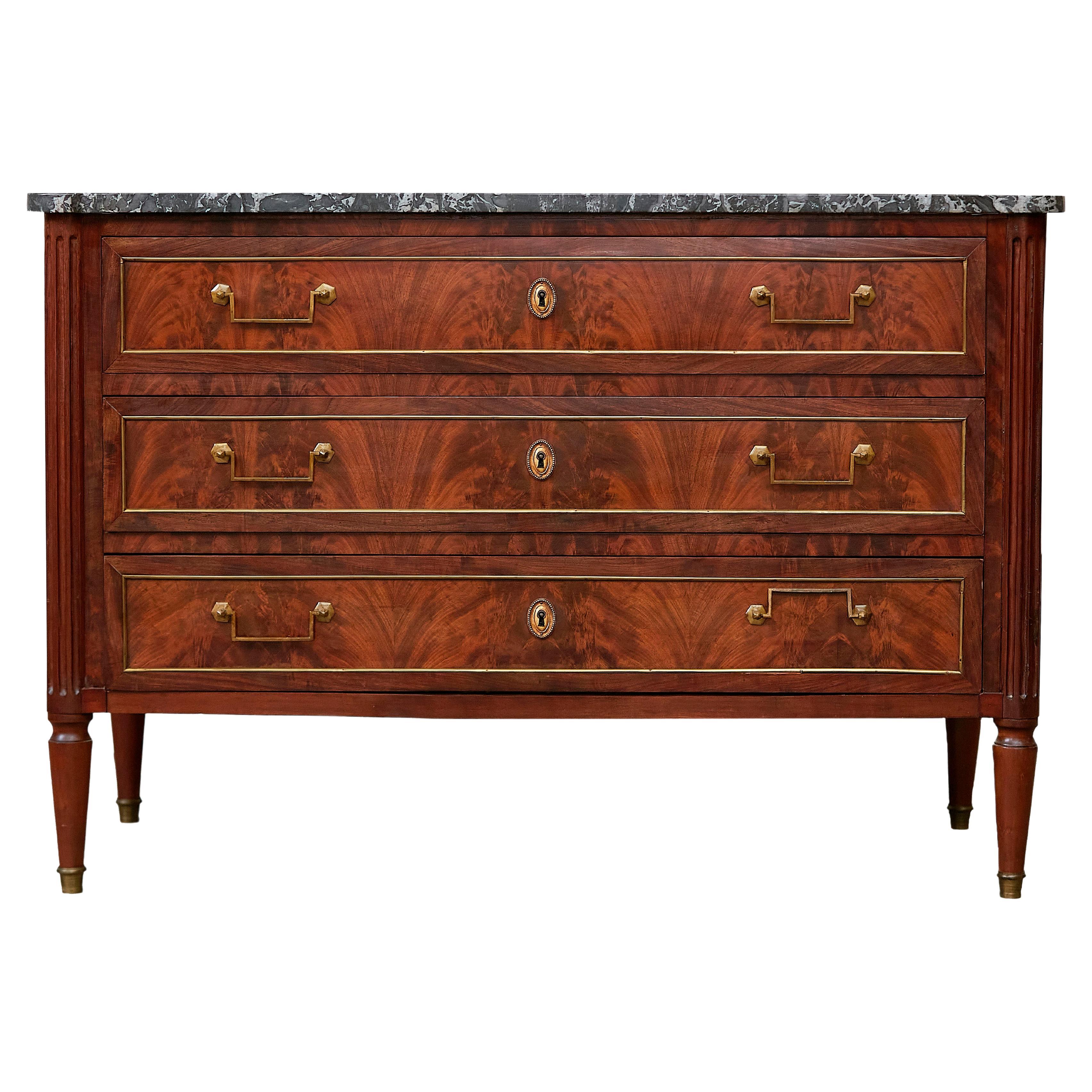 French 19th Century Walnut Three-Drawer Commode with Grey Marble Top For Sale