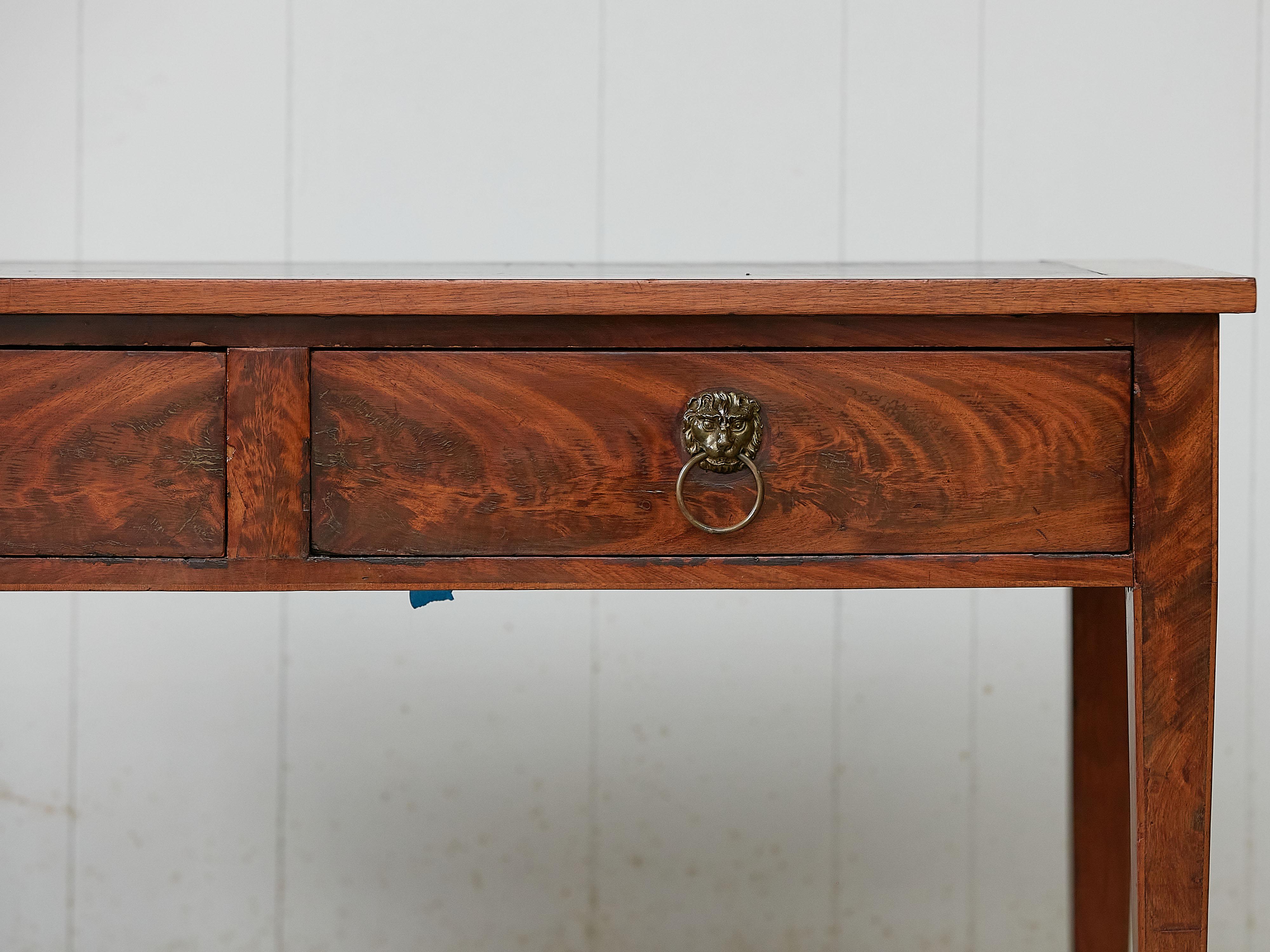 Veneer French 19th Century Walnut Two-Drawer Desk with Leather Top and Lion Ring Pulls