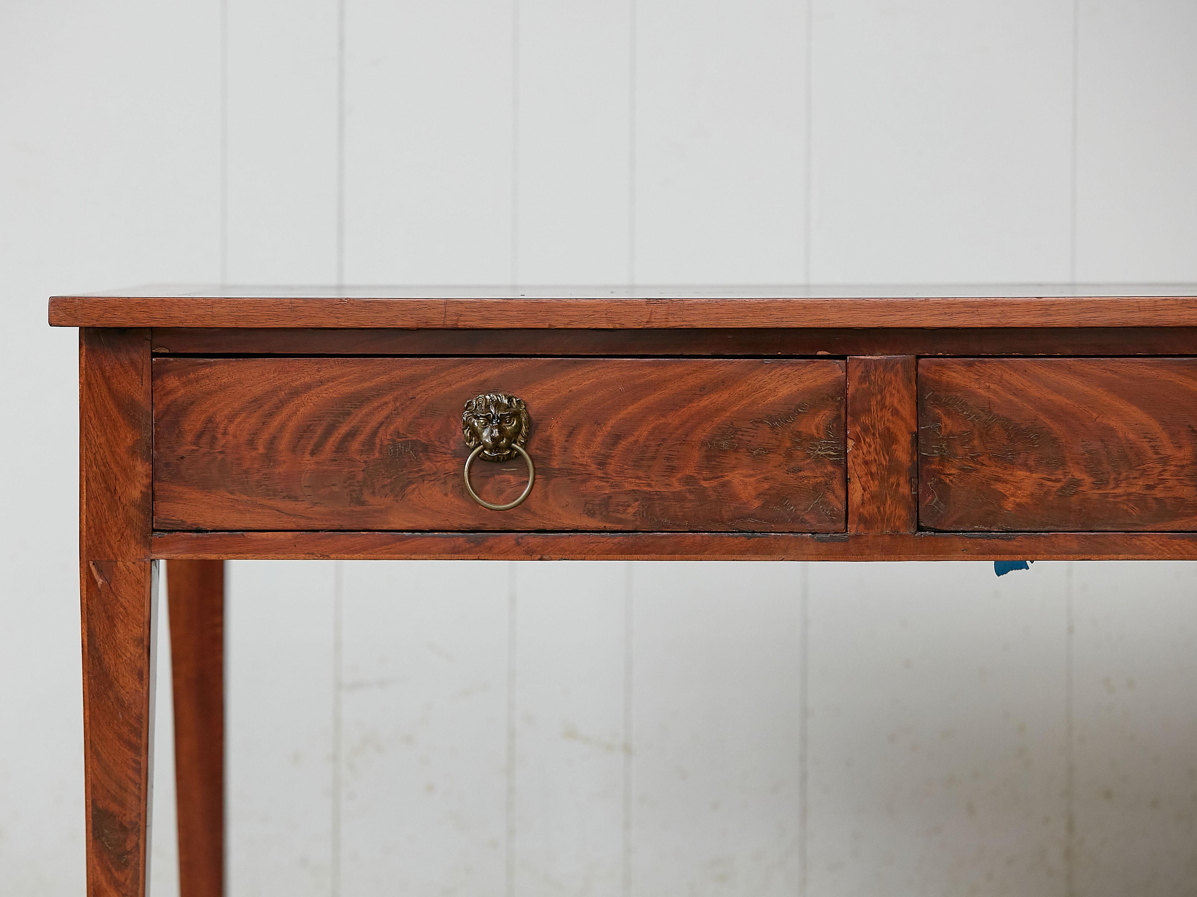 French 19th Century Walnut Two-Drawer Desk with Leather Top and Lion Ring Pulls In Good Condition In Atlanta, GA
