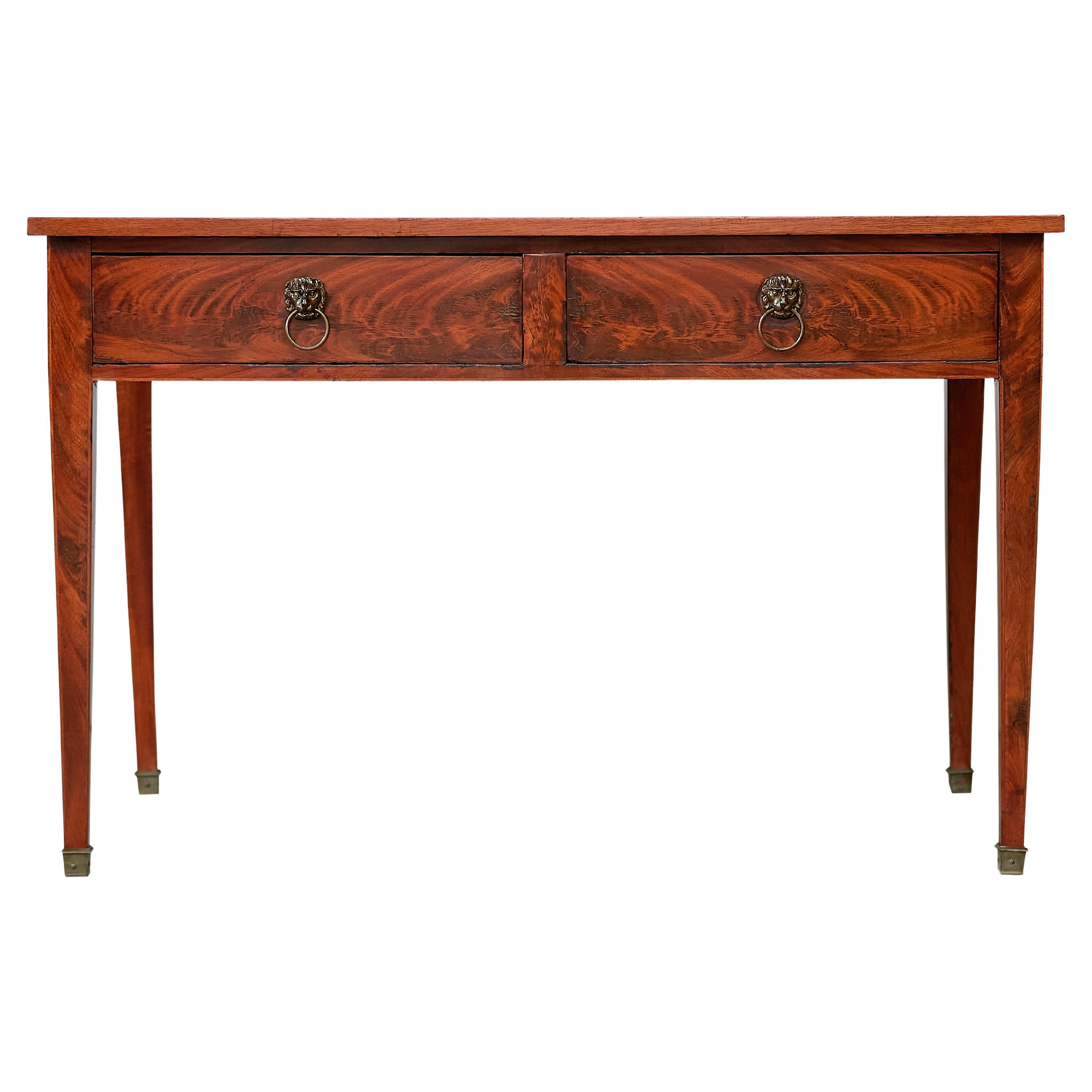 French 19th Century Walnut Two-Drawer Desk with Leather Top and Lion Ring Pulls