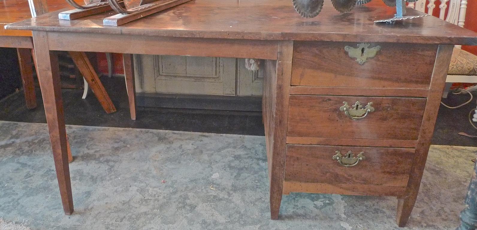 Stained French 19th Century Walnut Writing Desk with Three Drawers and Original Hardware For Sale