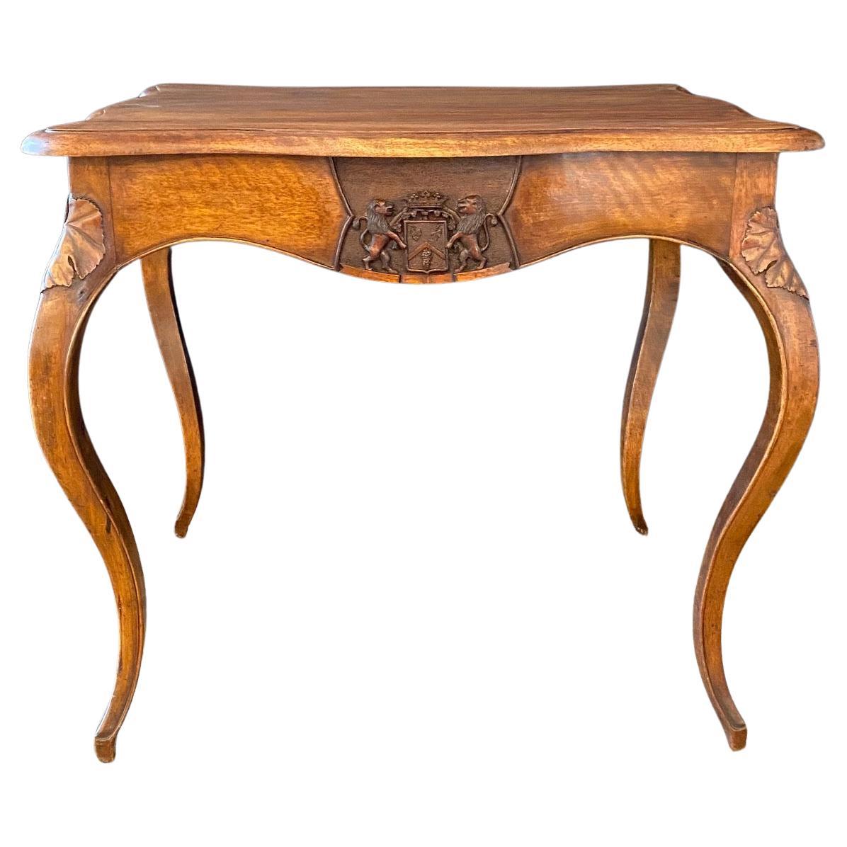 French 19th Century Walnut Writing Table or Desk with Lions and Shield Crest For Sale