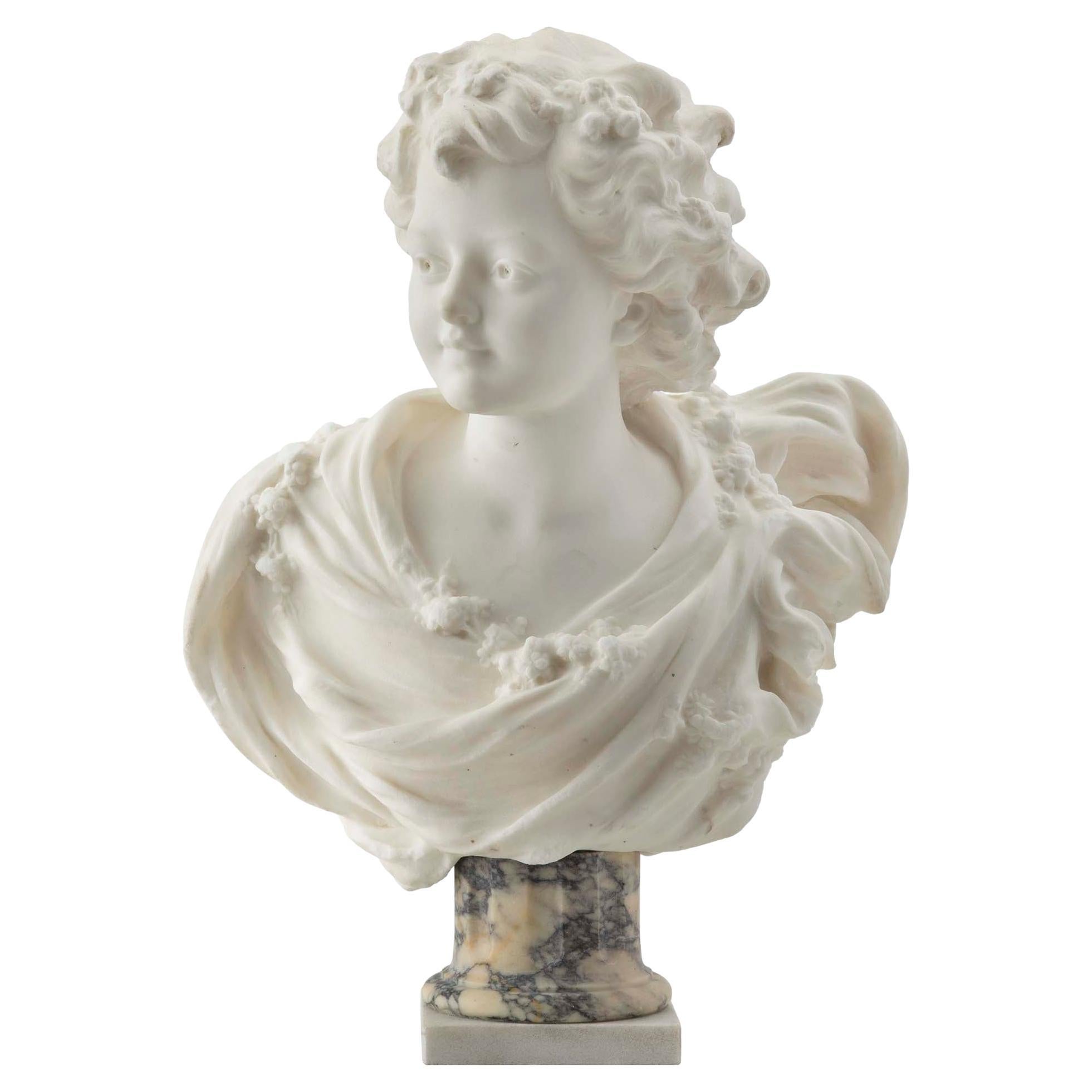 French 19th Century White Carrara Marble Bust of a Young Lady