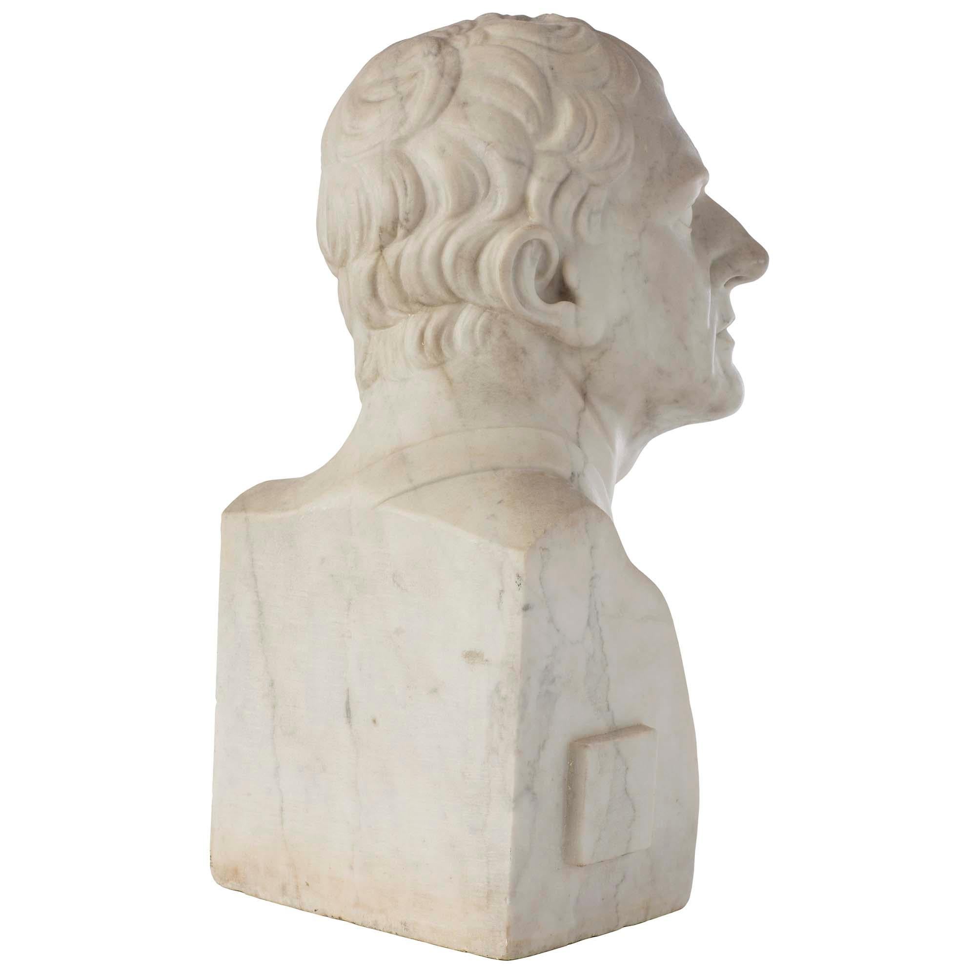 French 19th Century White Carrara Marble Bust of Demostene In Good Condition For Sale In West Palm Beach, FL