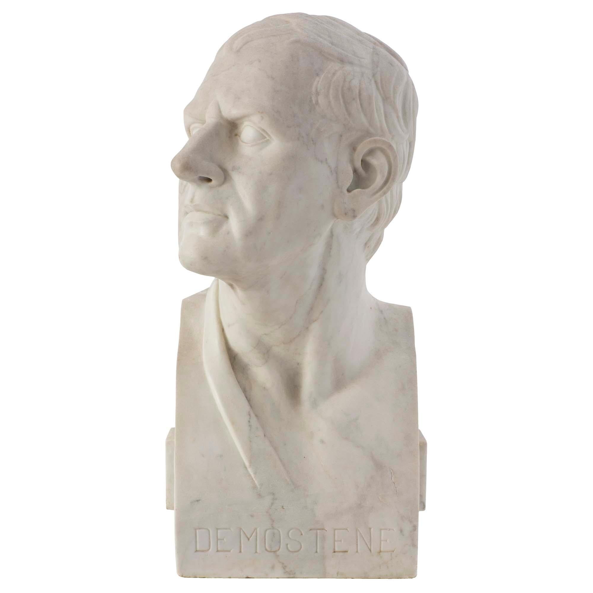 French 19th Century White Carrara Marble Bust of Demostene For Sale