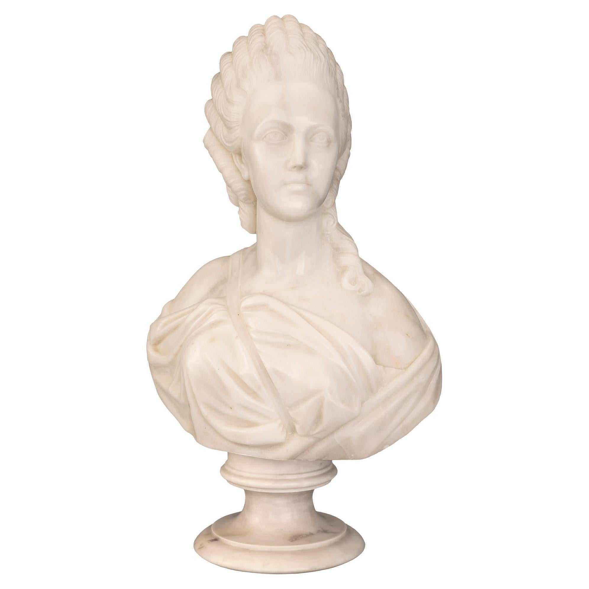 French 19th Century White Carrara Marble Bust of Marie Antoinette For Sale