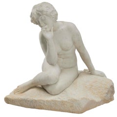 French 19th Century White Carrara Marble Statue of a Seated Young Lady