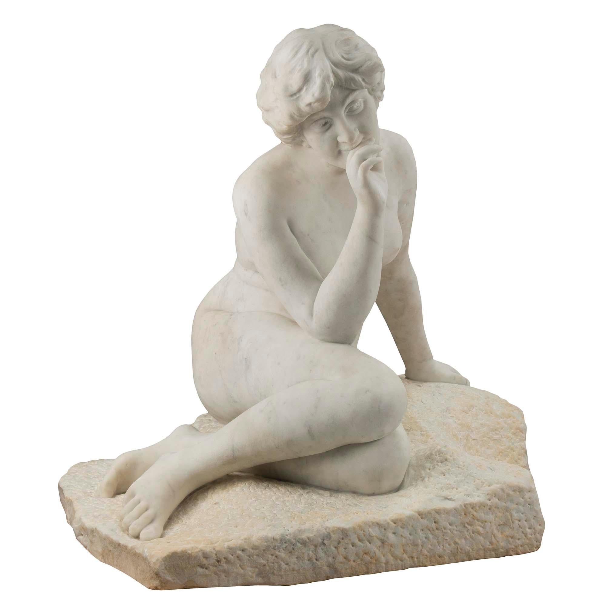 French 19th Century White Carrara Marble Statue of a Seated Young Lady For Sale 1