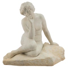 French 19th Century White Carrara Marble Statue of a Seated Young Lady