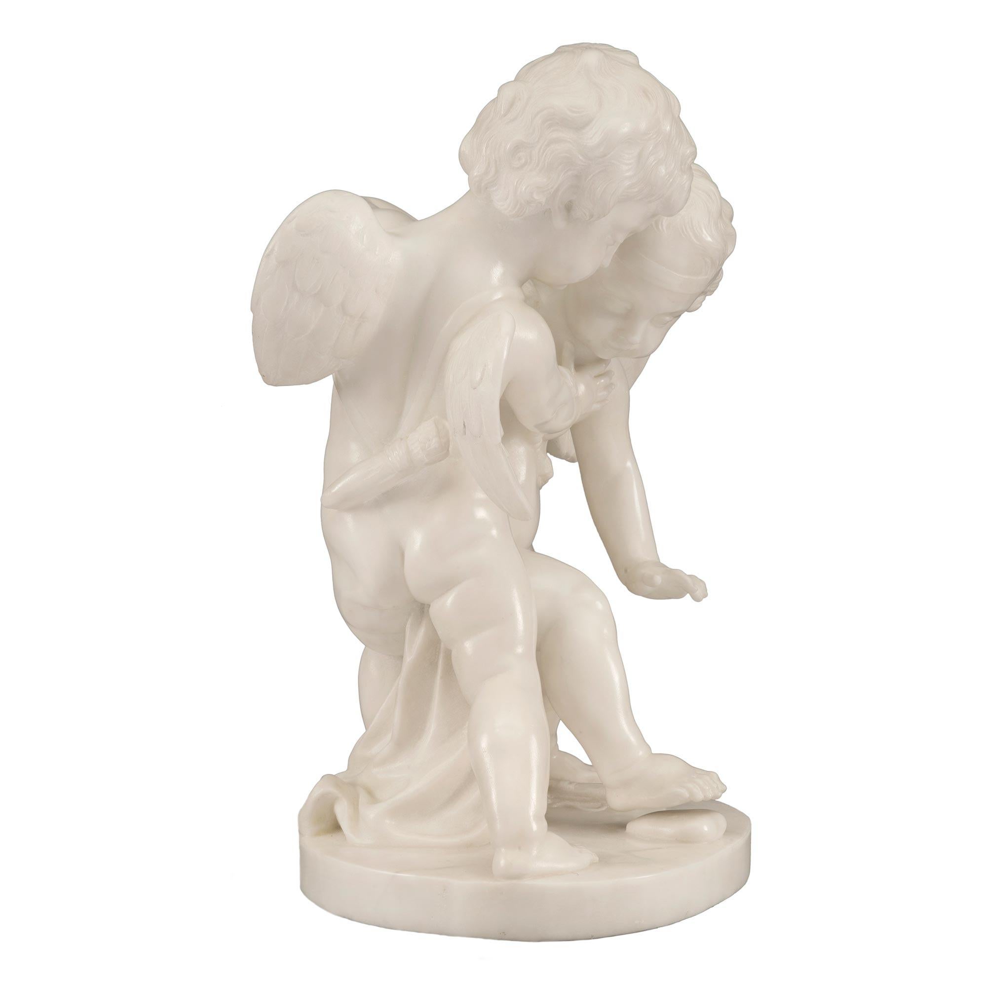 An extremely charming French 19th century white Carrara marble statue of Eros and Anteros. The grouping of Putti, or boys is after a model by François-Joseph LeClercq modeled as Eros and Anteros which he named: 