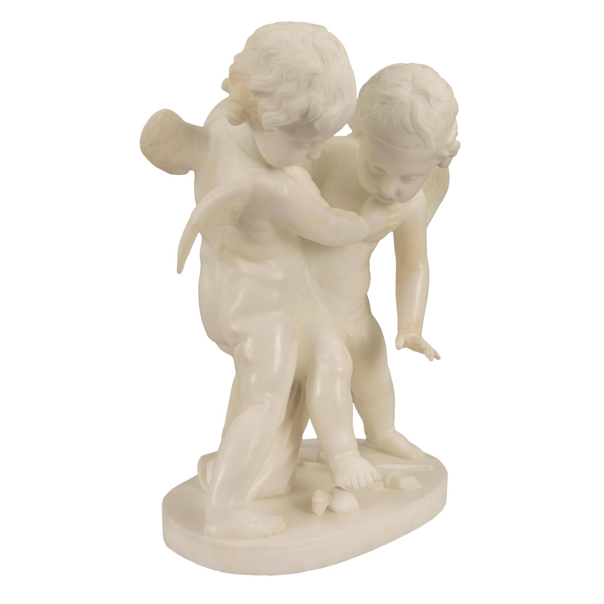 An extremely charming French 19th century white Carrara marble statue of Eros and Anteros. The grouping of Putti, or boys is after a model by François-Joseph LeClercq modeled as Eros and Anteros which he named: 