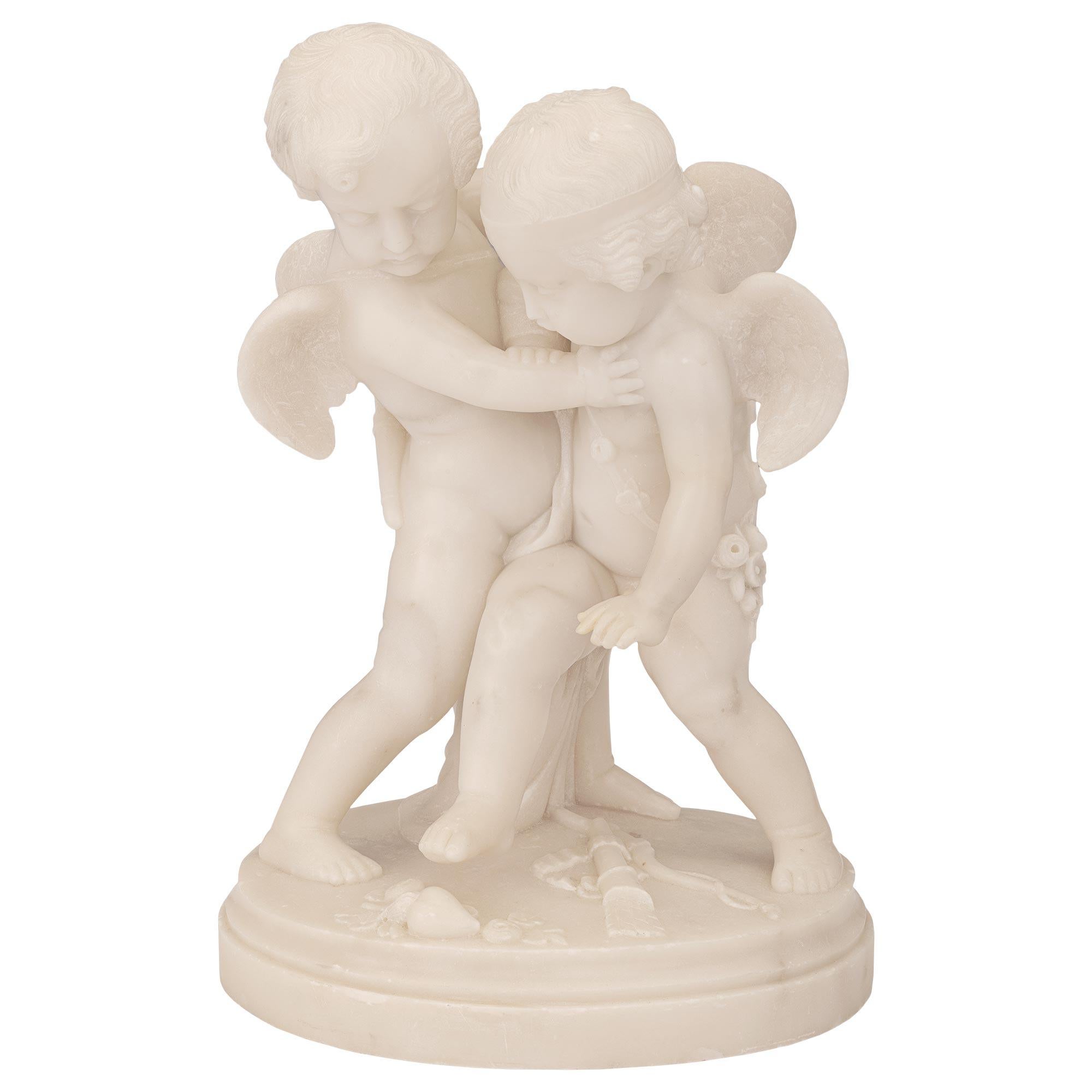 A beautiful and high quality French 19th century white Carrara marble statue of Eros and Anteros. The grouping of charming winged Putti is after a model by François-Joseph LeClercq of Eros and Anteros named: 