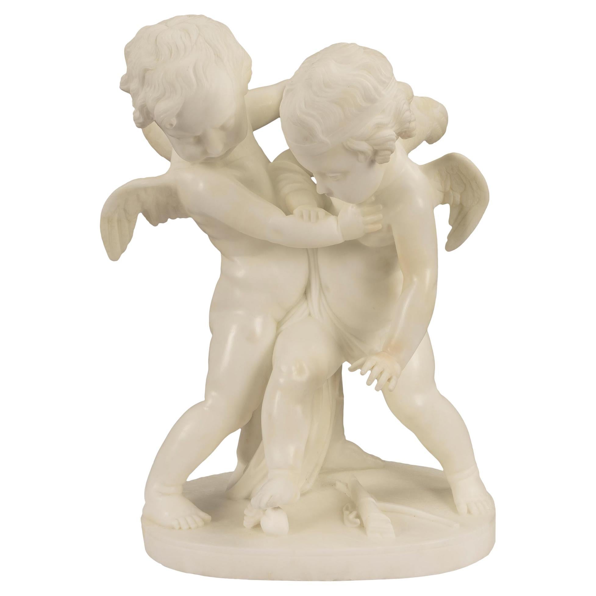 French 19th Century White Carrara Marble Statue of Eros and Anteros For Sale