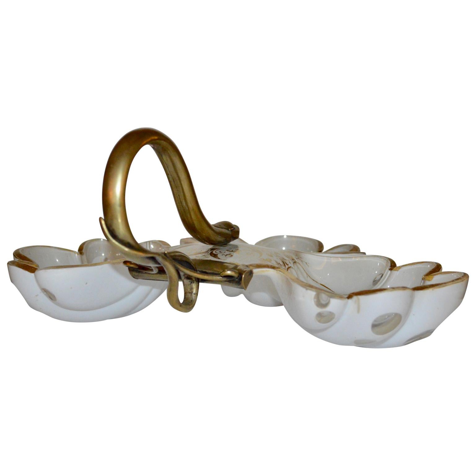 Charles X French 19th Century White Opaline Candy Dish With Brass Snake Hardware For Sale