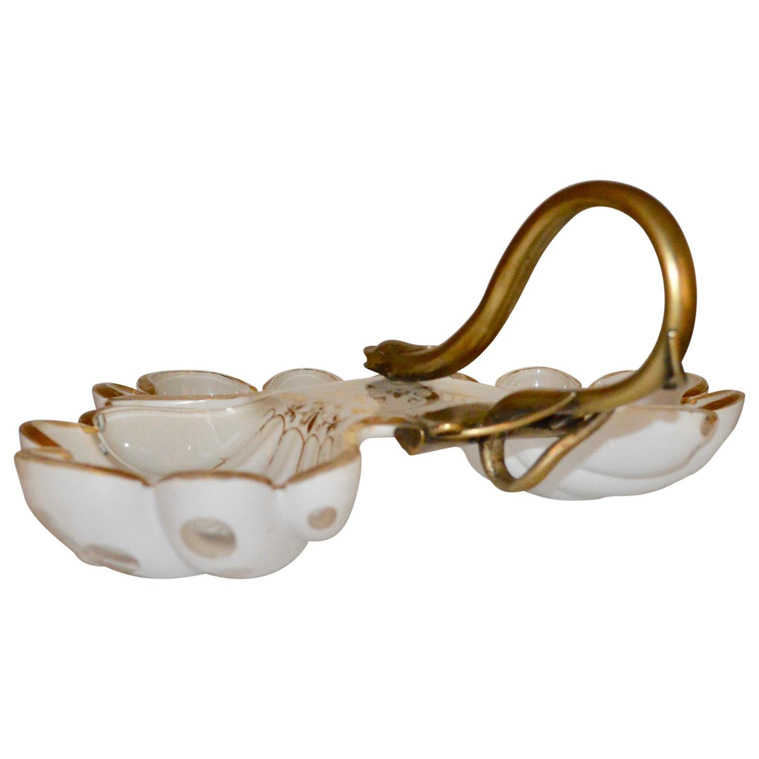 Hand-Crafted French 19th Century White Opaline Candy Dish With Brass Snake Hardware For Sale