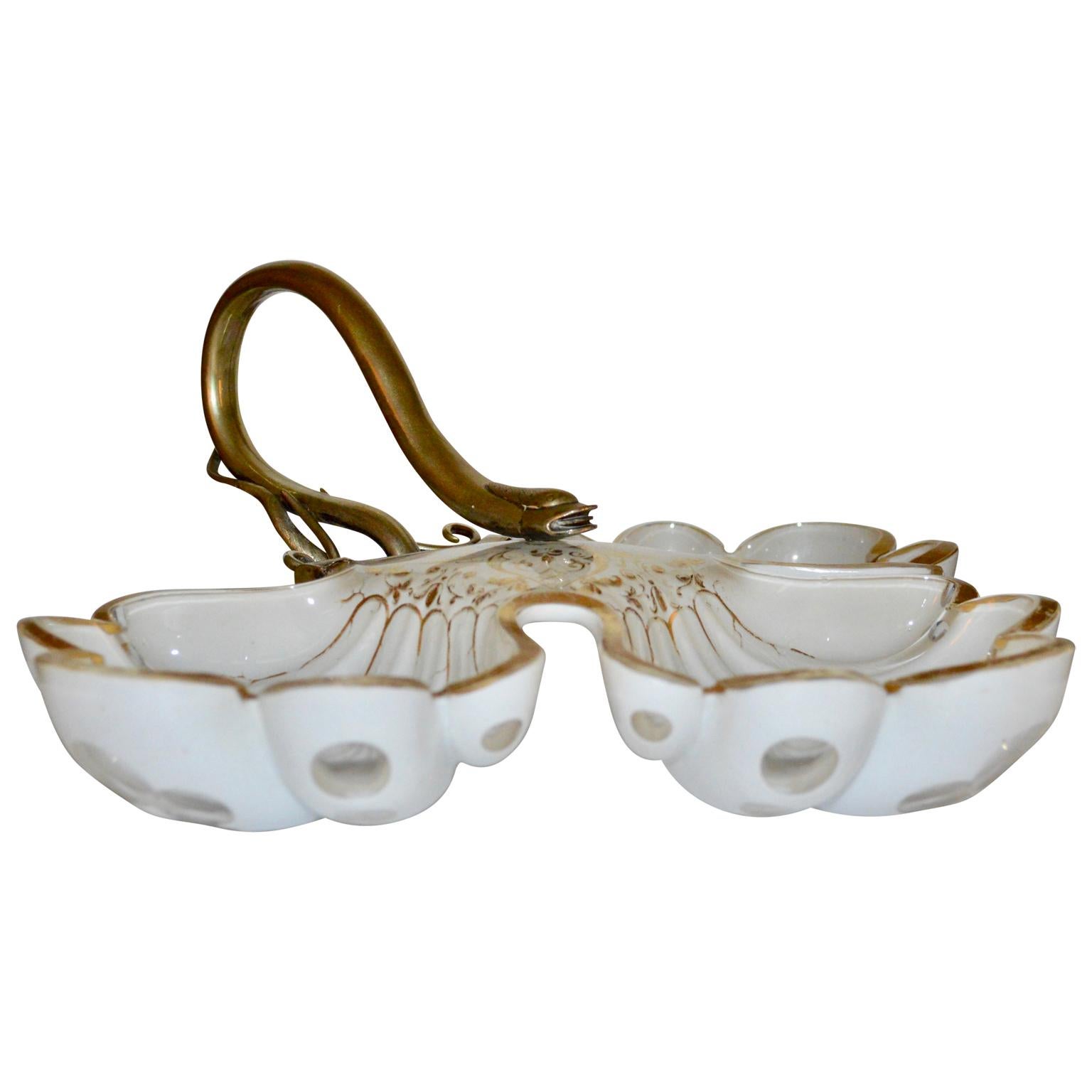 French 19th Century White Opaline Candy Dish With Brass Snake Hardware