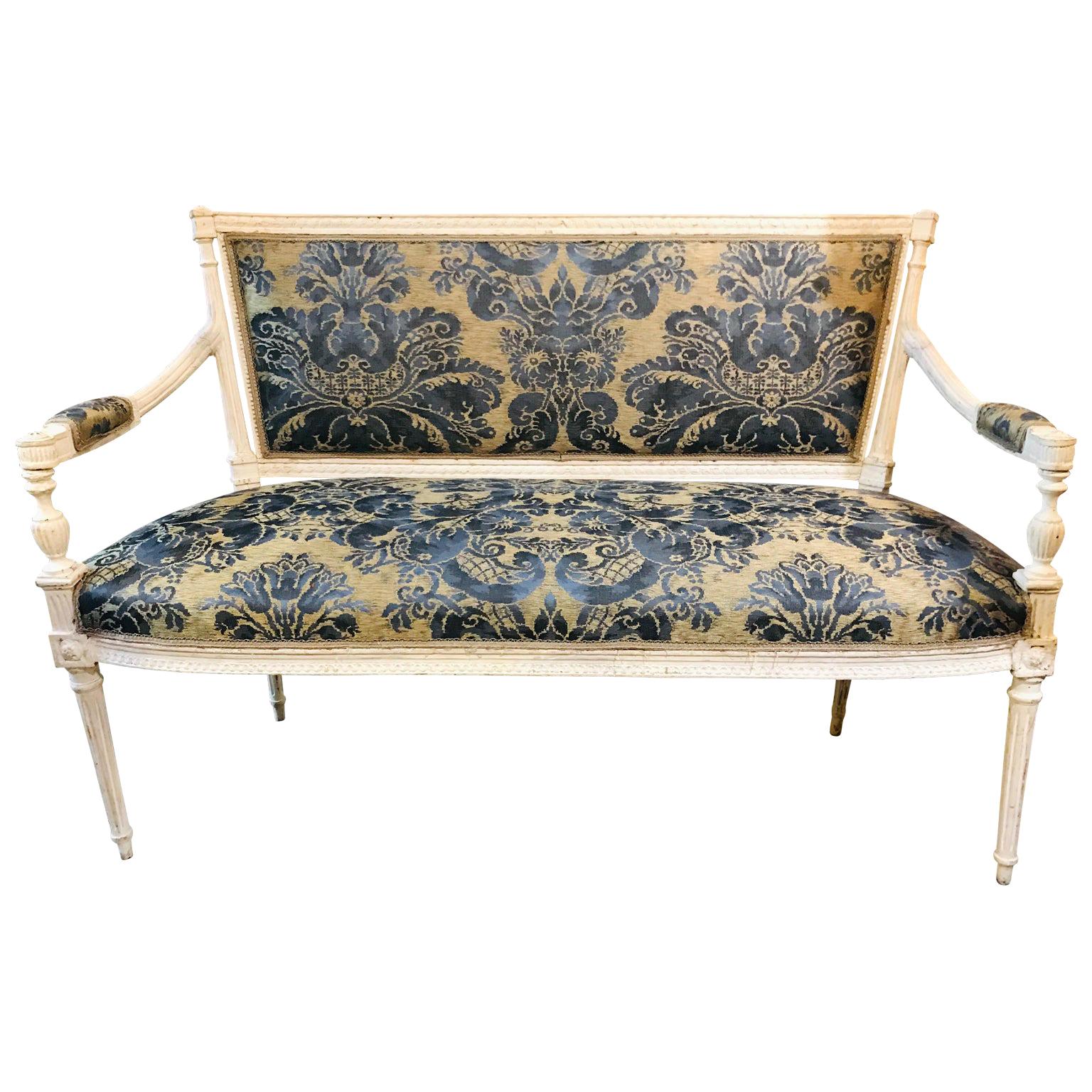 19th Century French Painted Settee with Blue and white plaid at 1stDibs