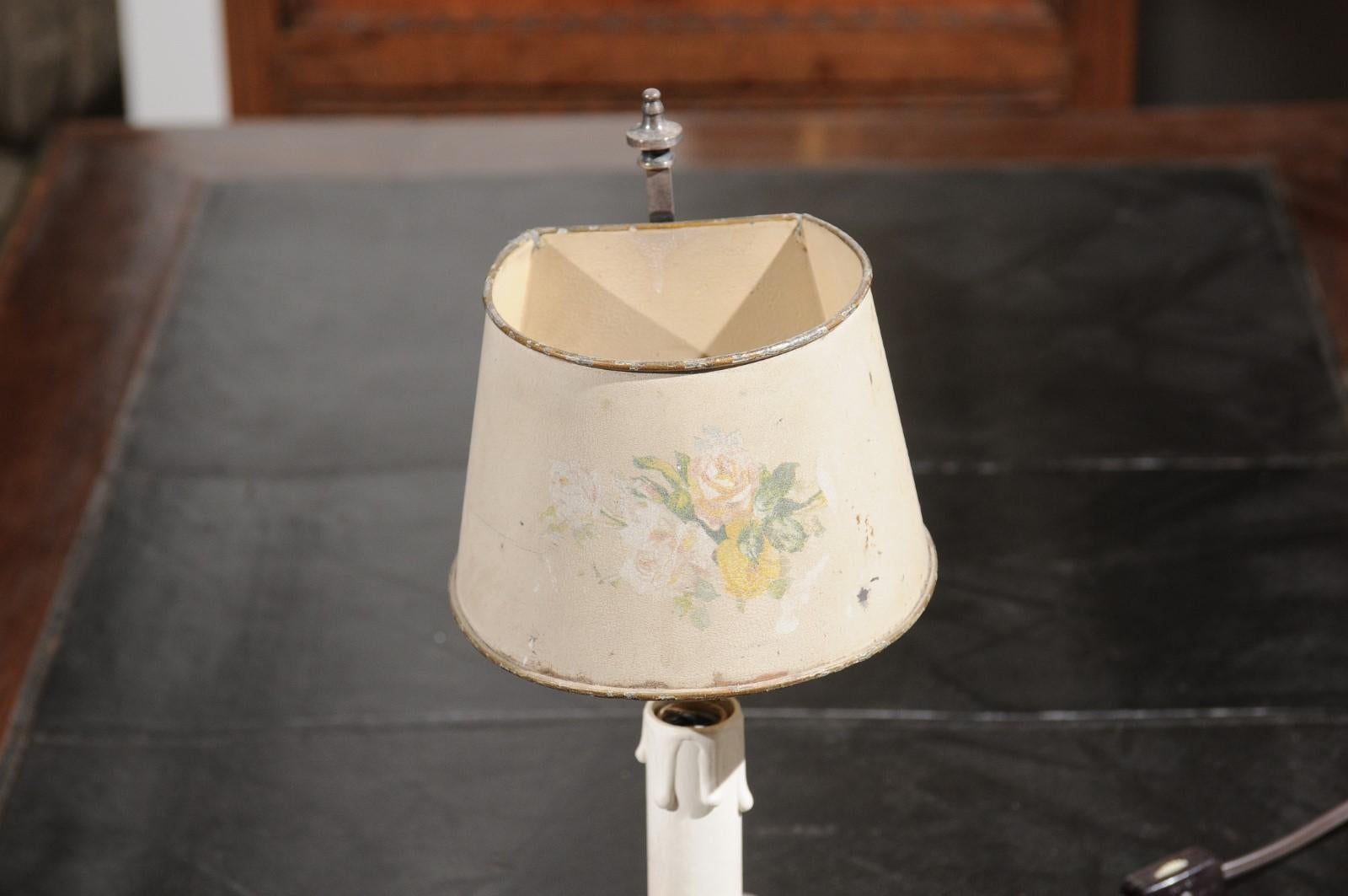 French 19th Century Wired Tôle Lamp with Original Hand Painted Floral Shade In Good Condition In Atlanta, GA