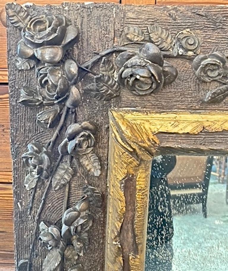 French 19th Century Wood Framed Mirror With Original Glass and Carved Rose Swag For Sale 1