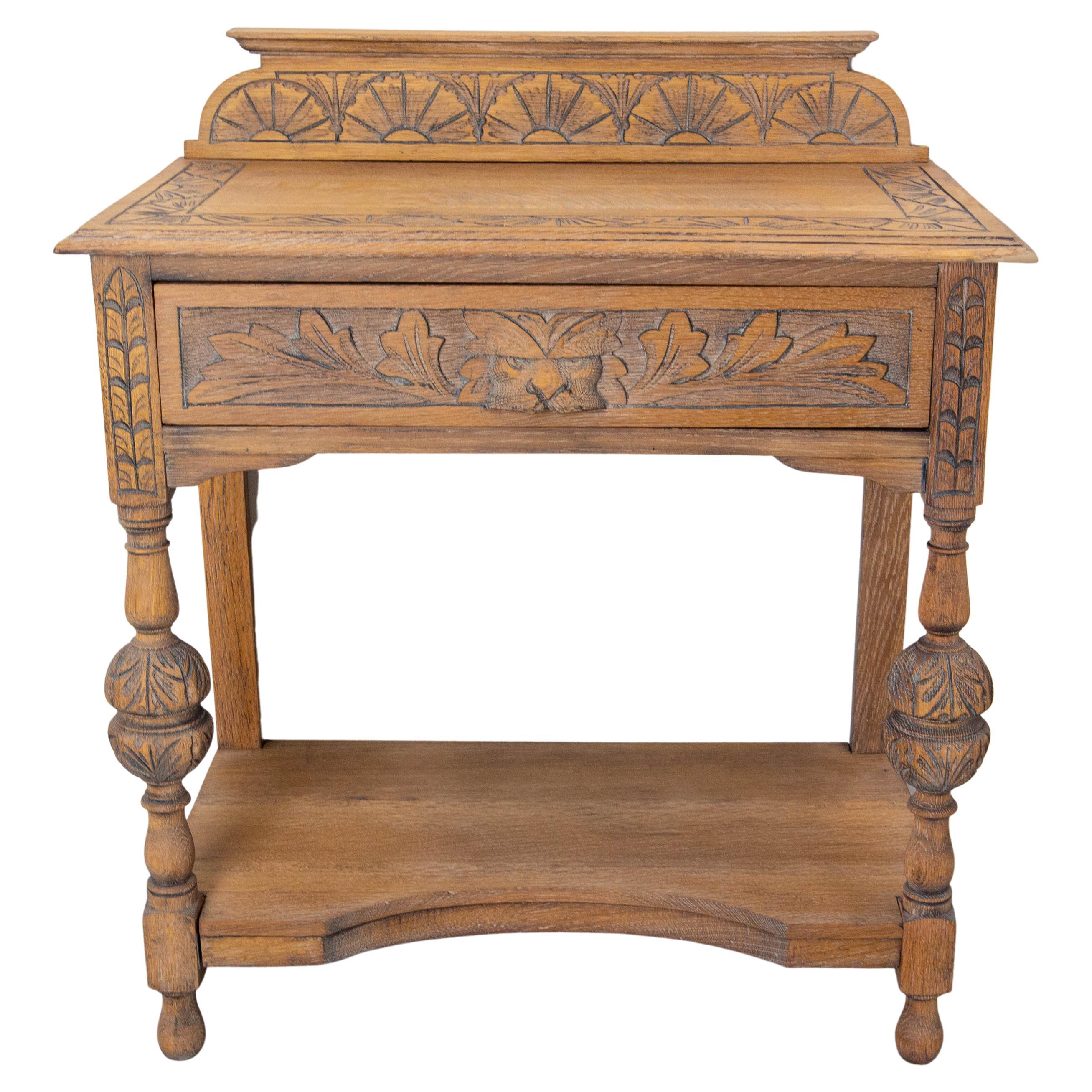 French 19th Century Writing Table Carved Oak Desk Lion Mask Louis XIII Style For Sale