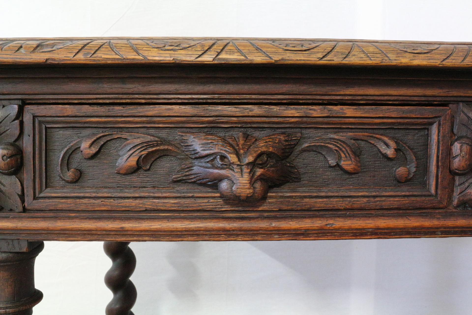 Hand-Carved French 19th Century Writing Table Carved Oak Desk Lion Masks
