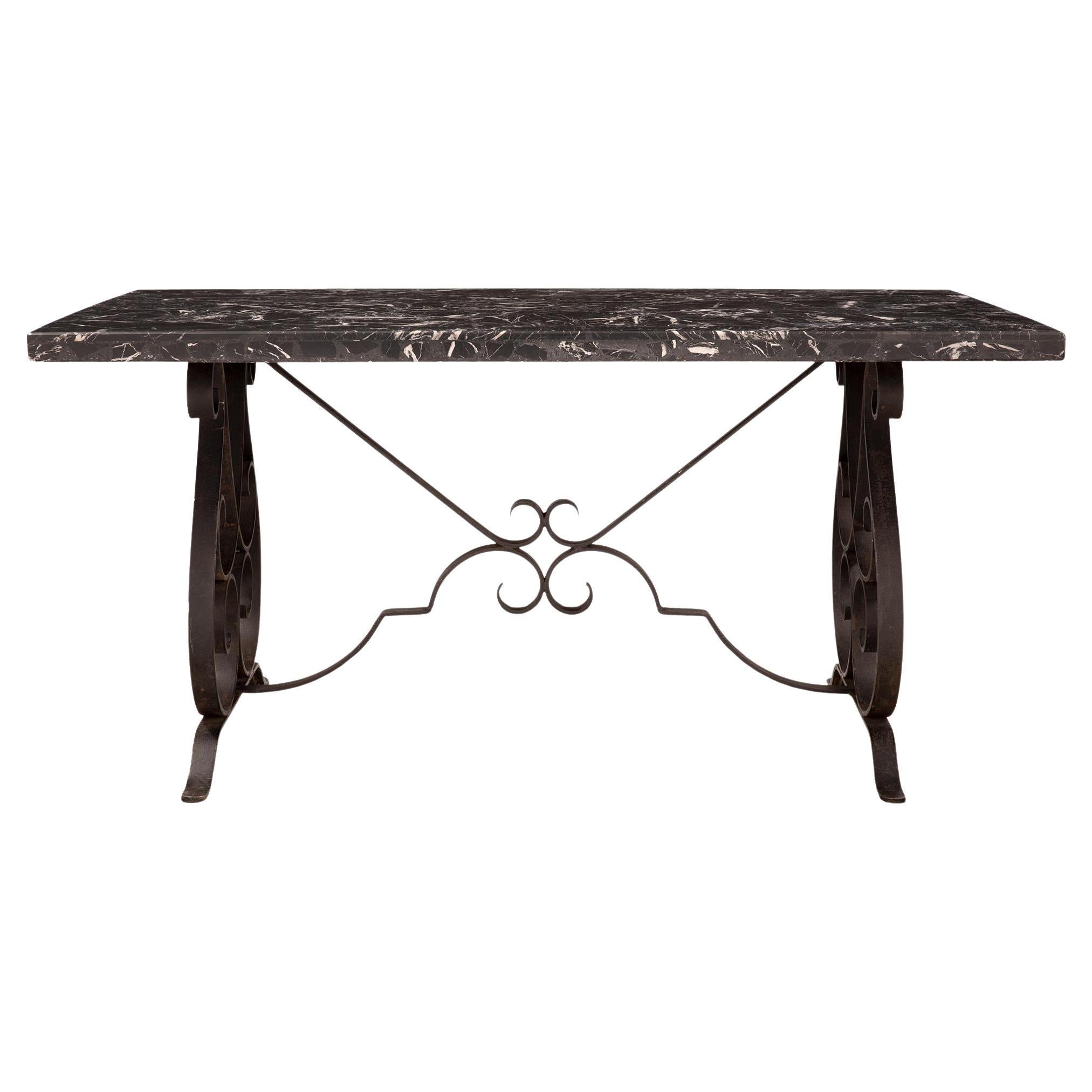 French 19th Century Wrought Iron and Grand Antique Marble Center or Dining Table For Sale