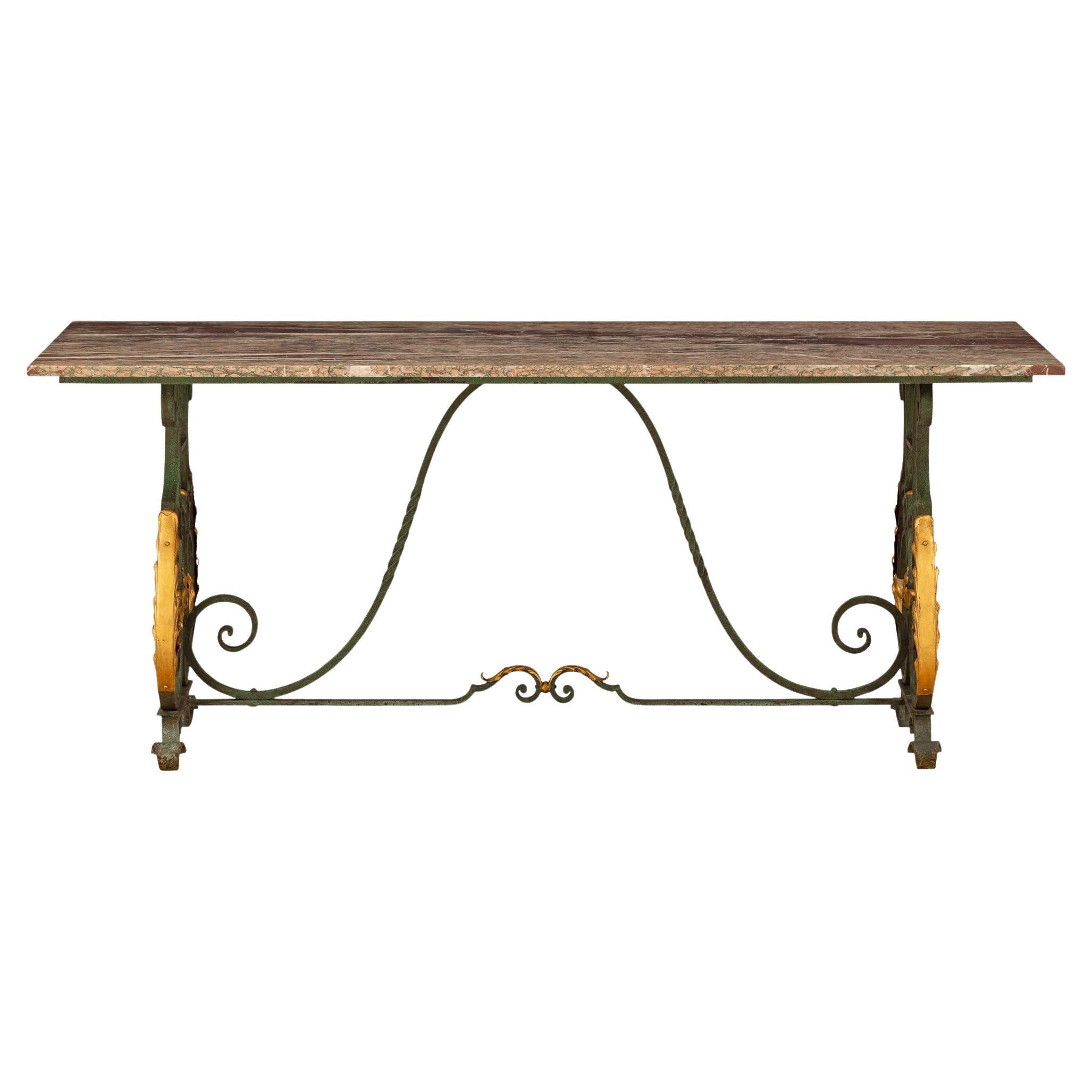 Table de salle à manger française du 19ème siècle en fer forgé et marbre