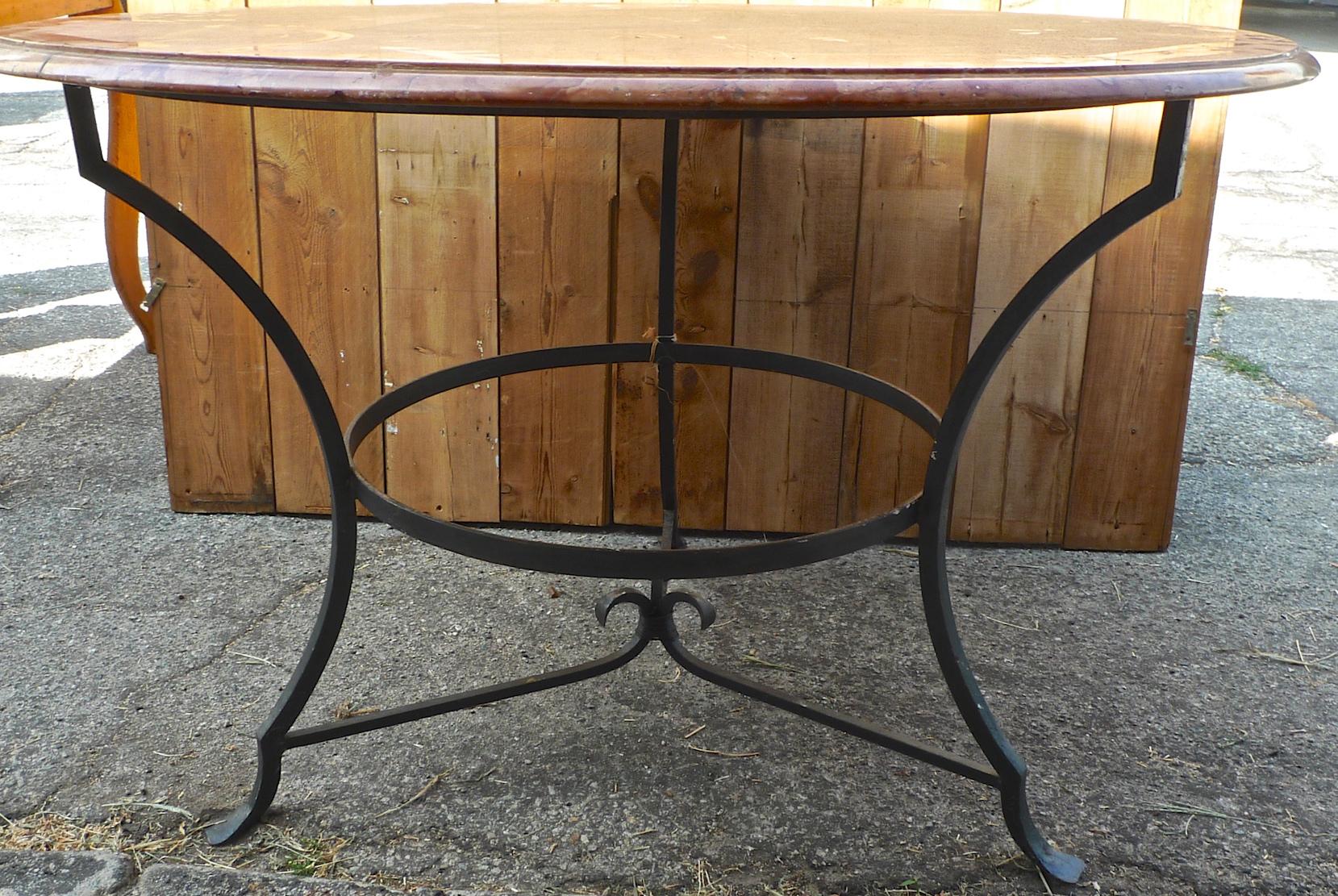 French 19th Century Wrought Iron Garden Table Frame with Round Rouge Marble Top 3
