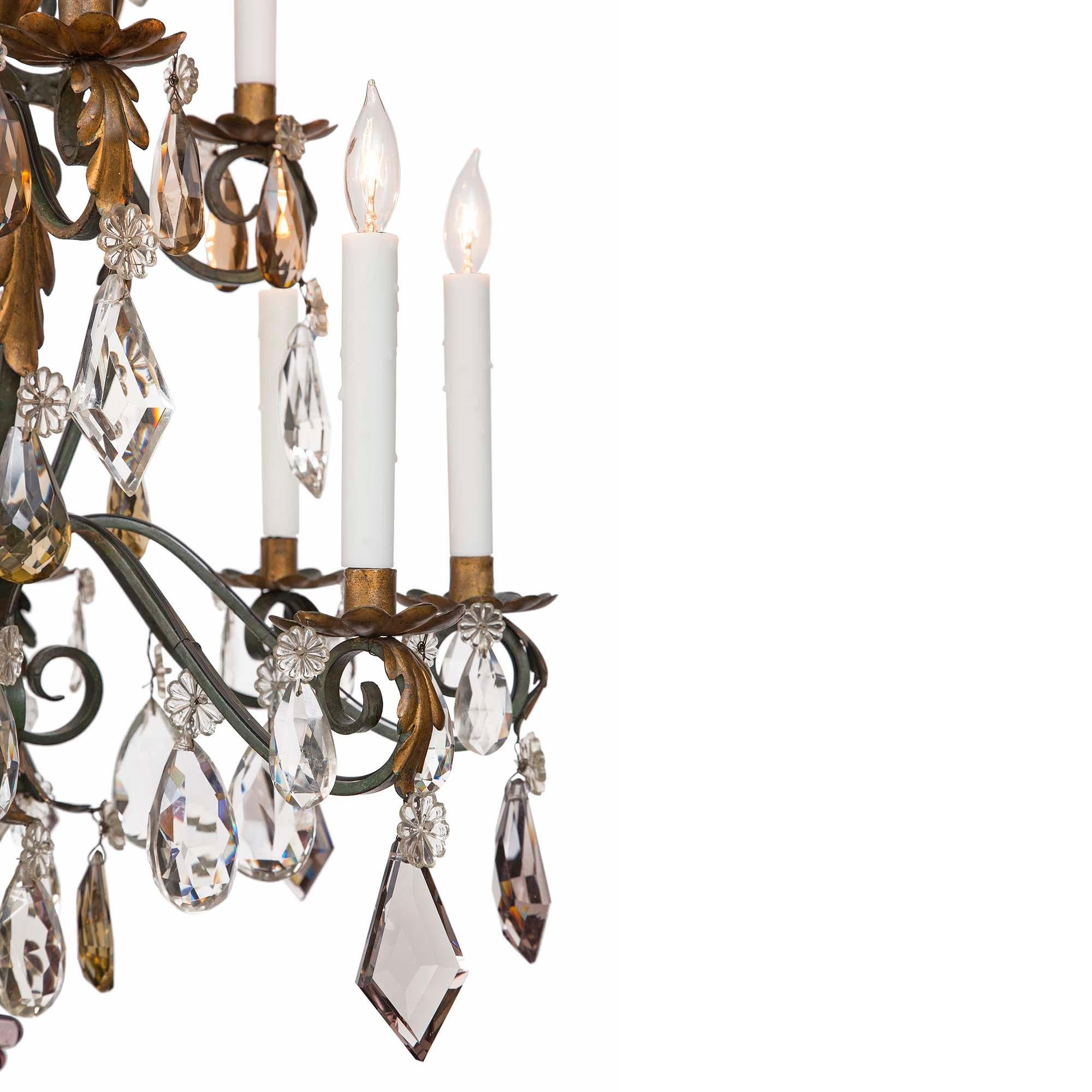 French 19th Century Wrought Iron, Gilt Metal And Baccarat Crystal Chandelier In Good Condition For Sale In West Palm Beach, FL