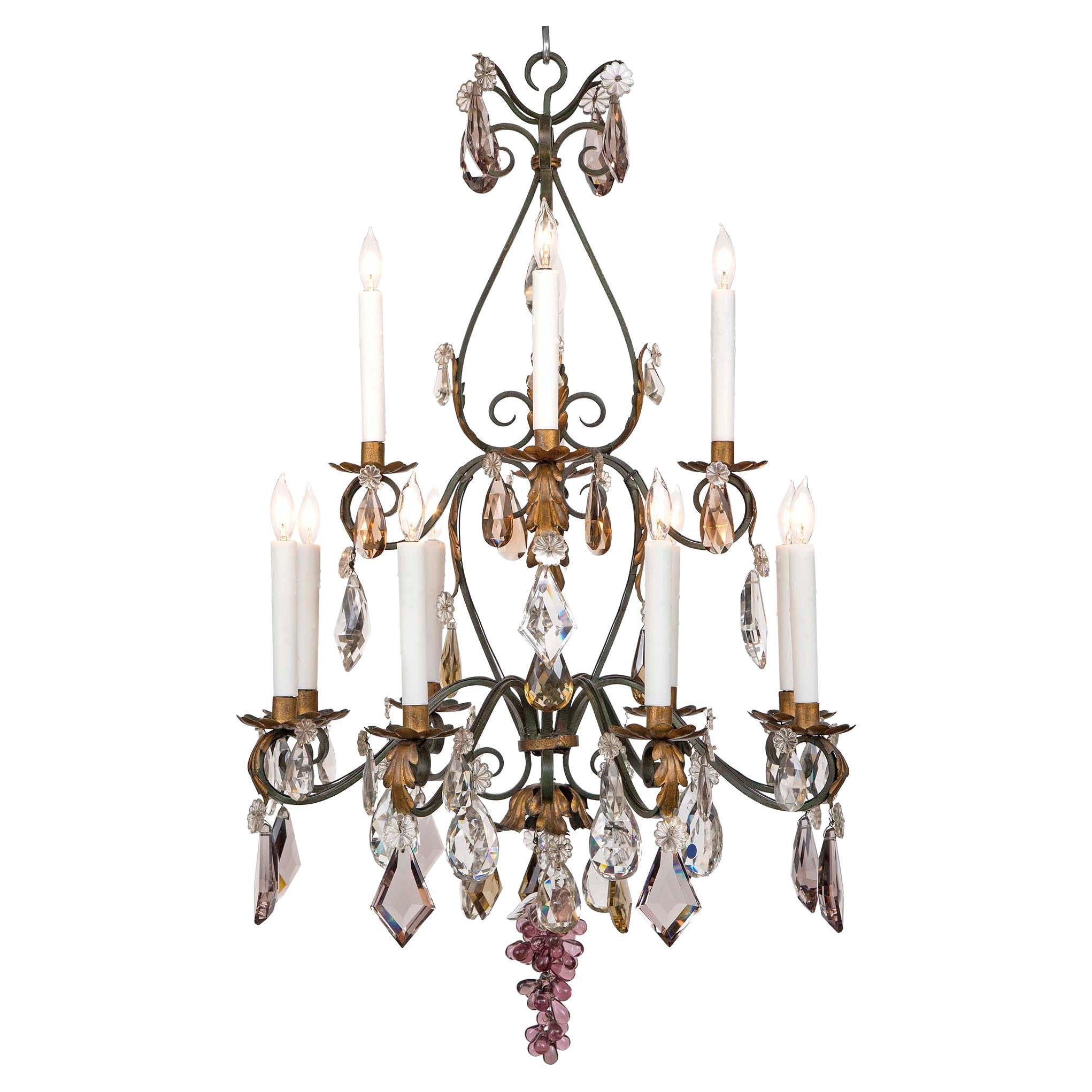 French 19th Century Wrought Iron, Gilt Metal And Baccarat Crystal Chandelier For Sale