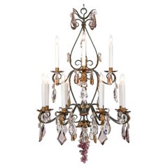 Antique French 19th Century Wrought Iron, Gilt Metal And Baccarat Crystal Chandelier