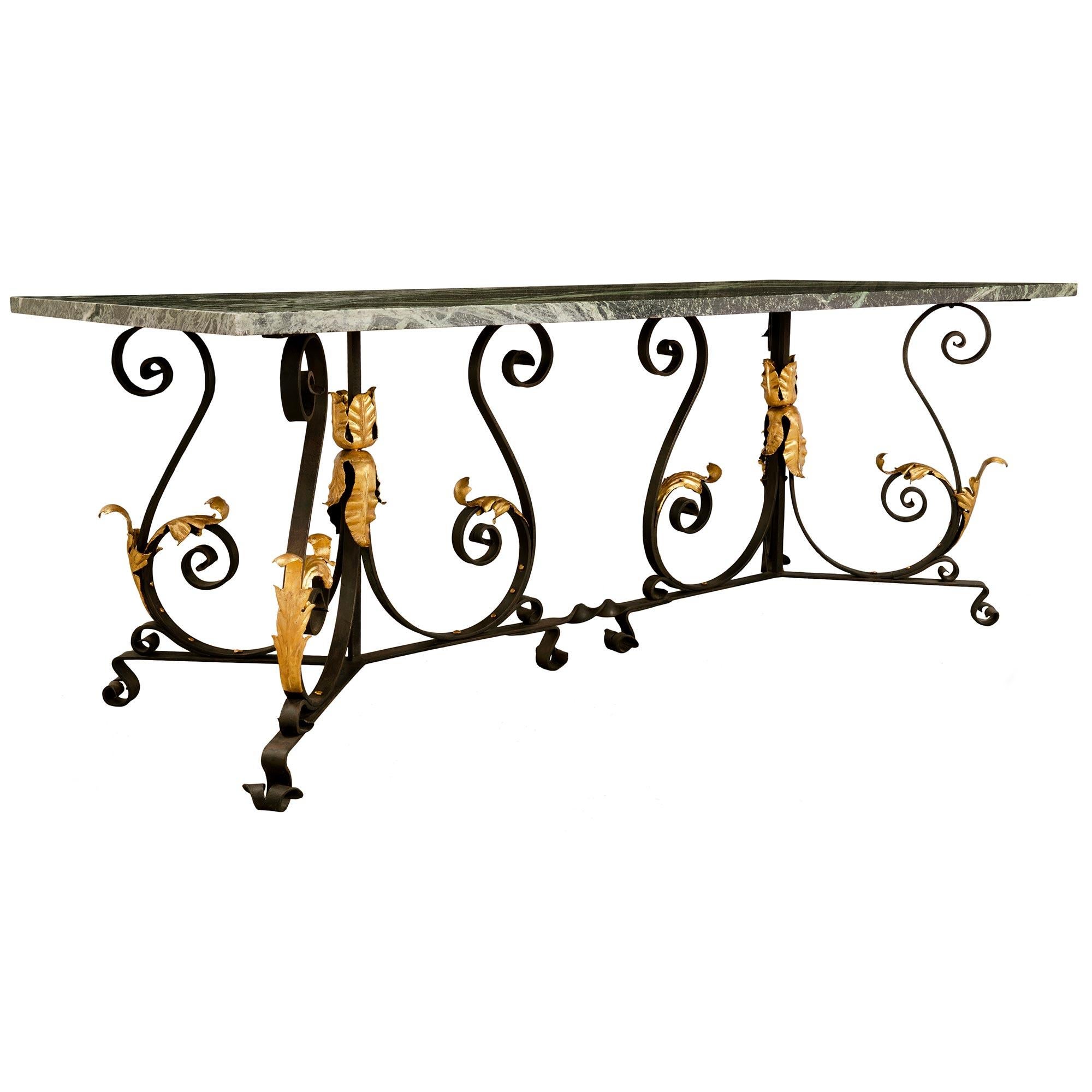 French 19th Century Wrought Iron, Gilt Metal and Marble Center or Dining Table In Good Condition For Sale In West Palm Beach, FL