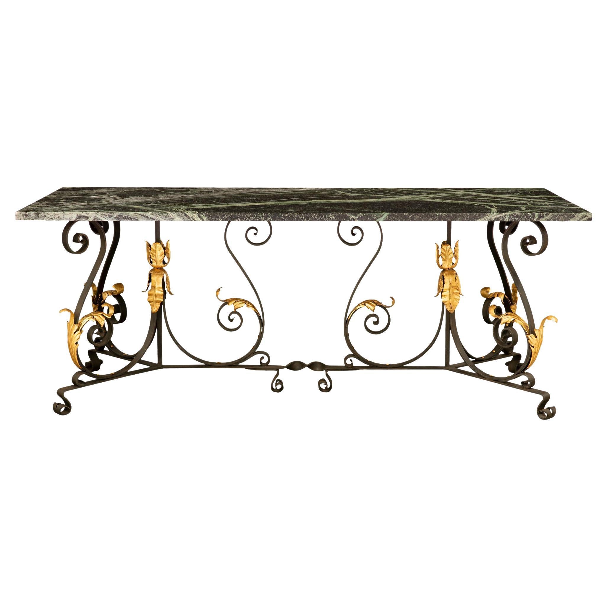 French 19th Century Wrought Iron, Gilt Metal and Marble Center or Dining Table For Sale