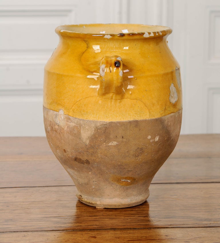 A wonderful yellow glazed confit jar typically used for storing duck meat and fat. The jars are usually only glazed on their top halves and inside. This was an effort to bring down the cost of these wonderful vessels. The glazed interior of the jar