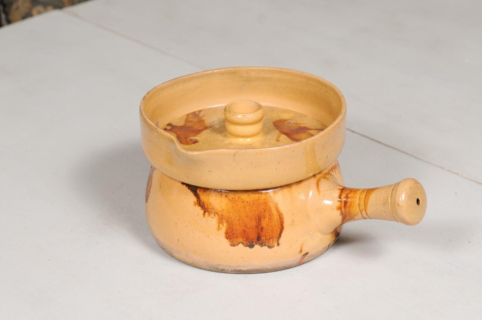 French 19th Century Yellow Glazed Pottery Steamer with Lid and Rust Accents For Sale 6