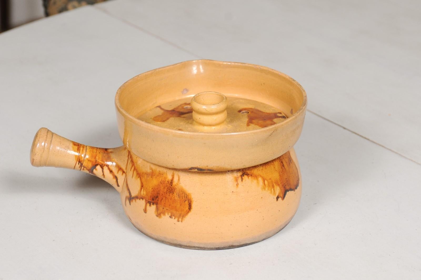 French 19th Century Yellow Glazed Pottery Steamer with Lid and Rust Accents For Sale 4